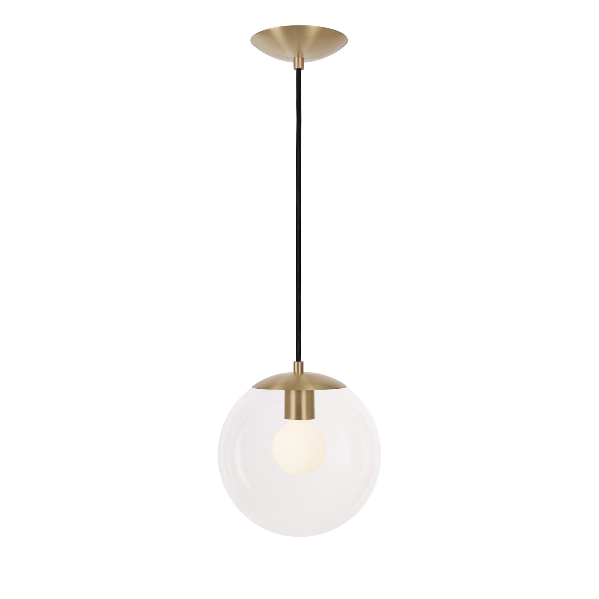 Alto Cord 10" shown in Brass with Black Cloth Cord and a Clear 10” Globe