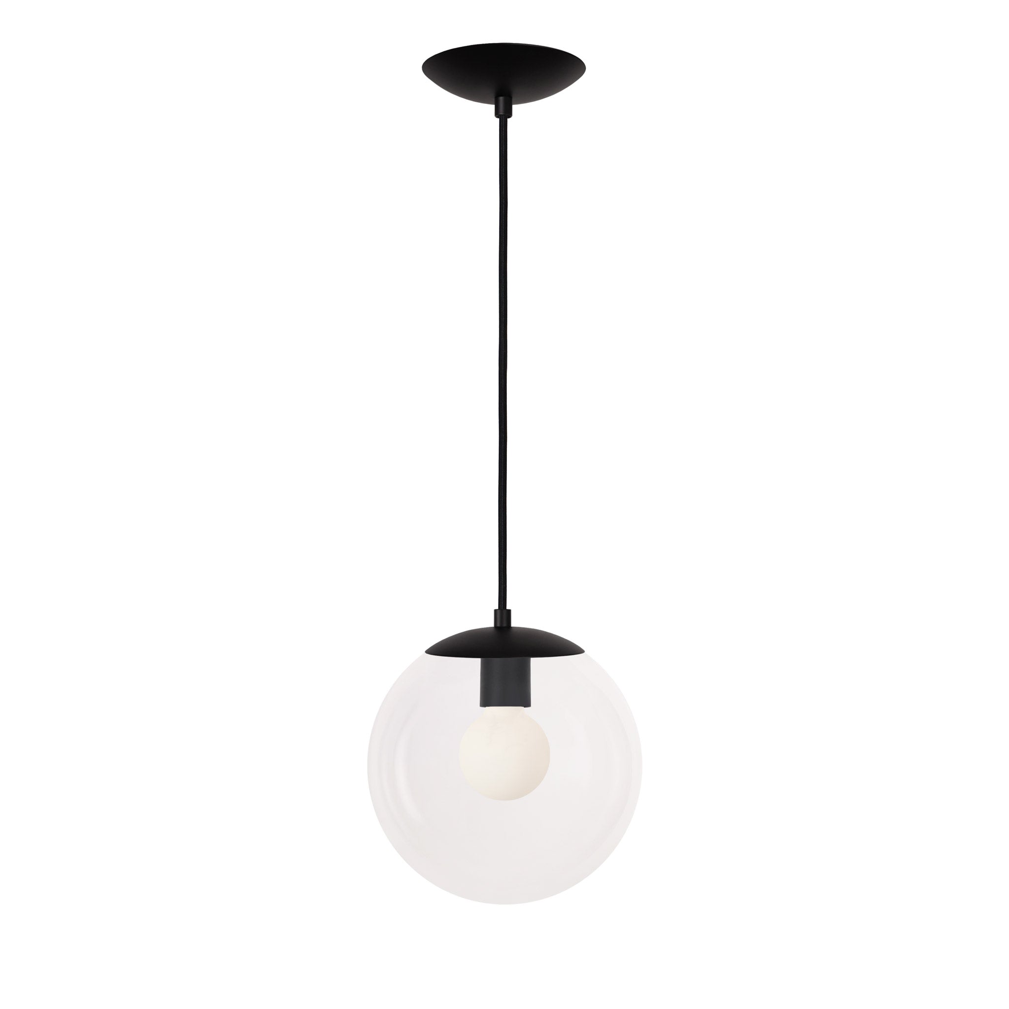 Alto Cord 10" shown in Matte Black with Black Cloth Cord and a Clear 10” Globe