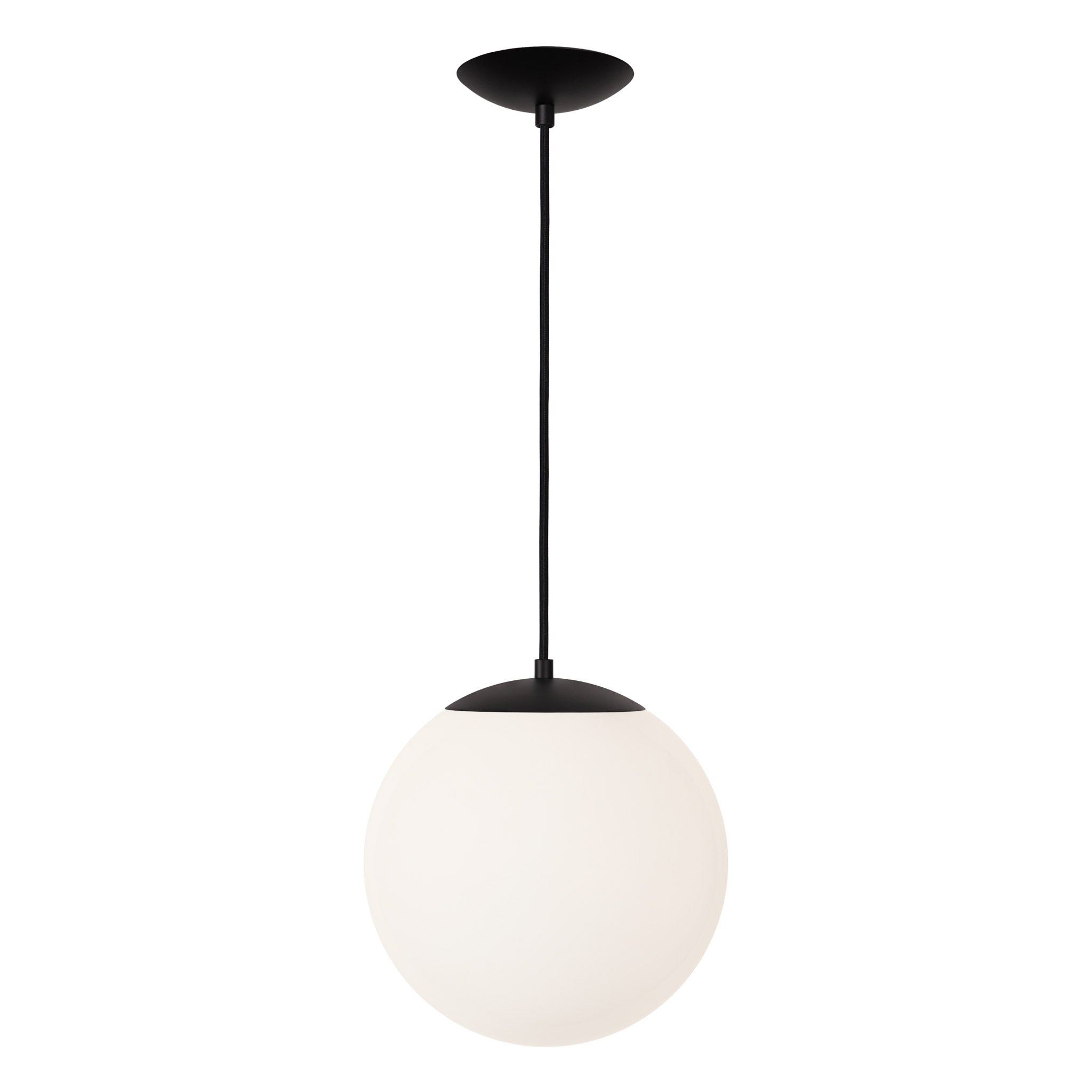 Alto Cord 12” shown in Matte Black with Black Cloth Cord and an Opal 12” Globe