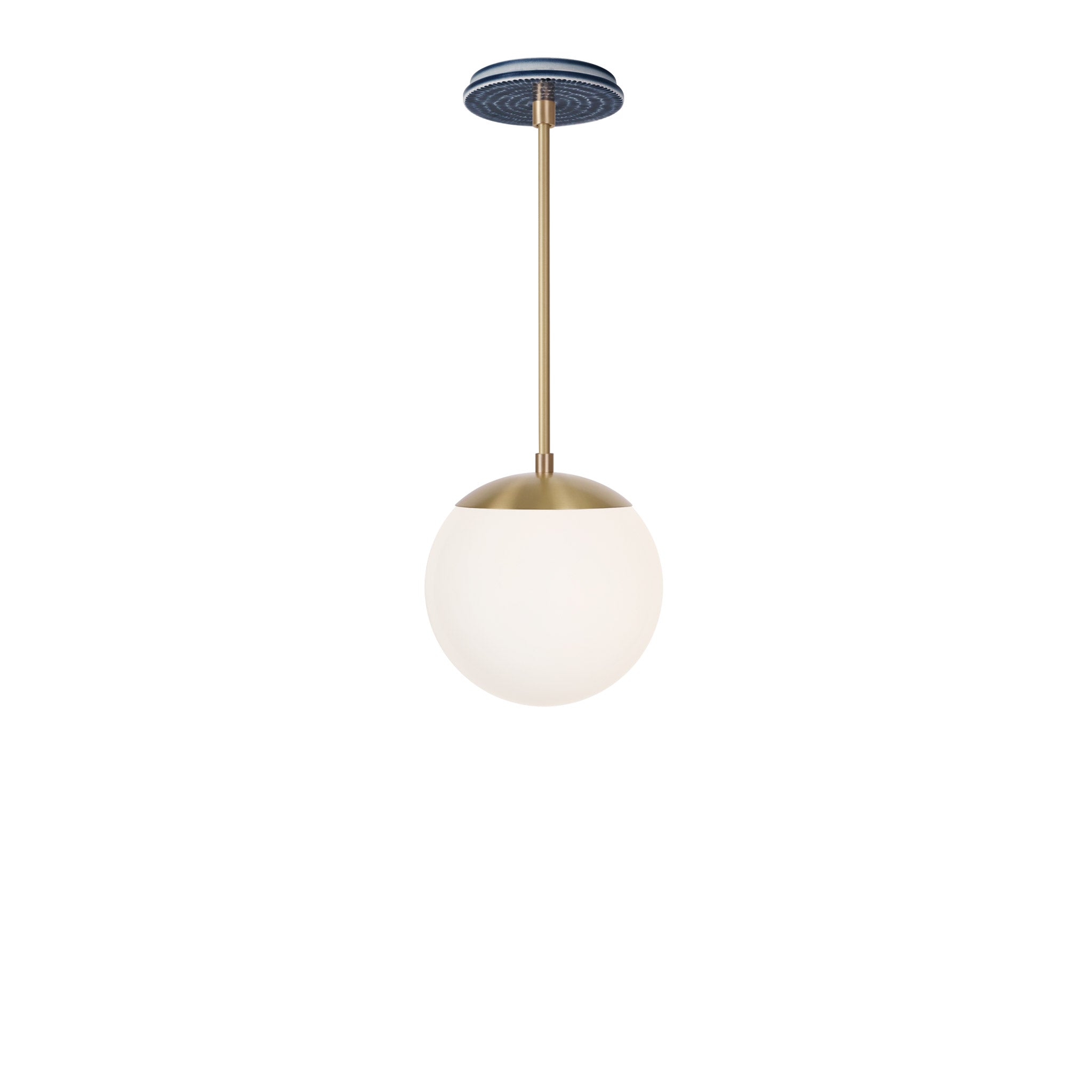 Alto Rod 8” Opal shown in Brass with an Indigo Blue Sunflower Ceramic Canopy