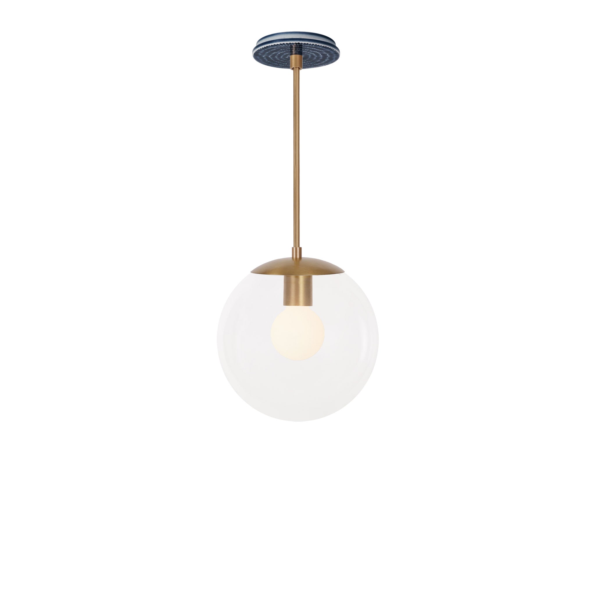 Alto Rod 10” Clear shown in Heirloom Brass with an Indigo Blue Sunflower Ceramic Canopy