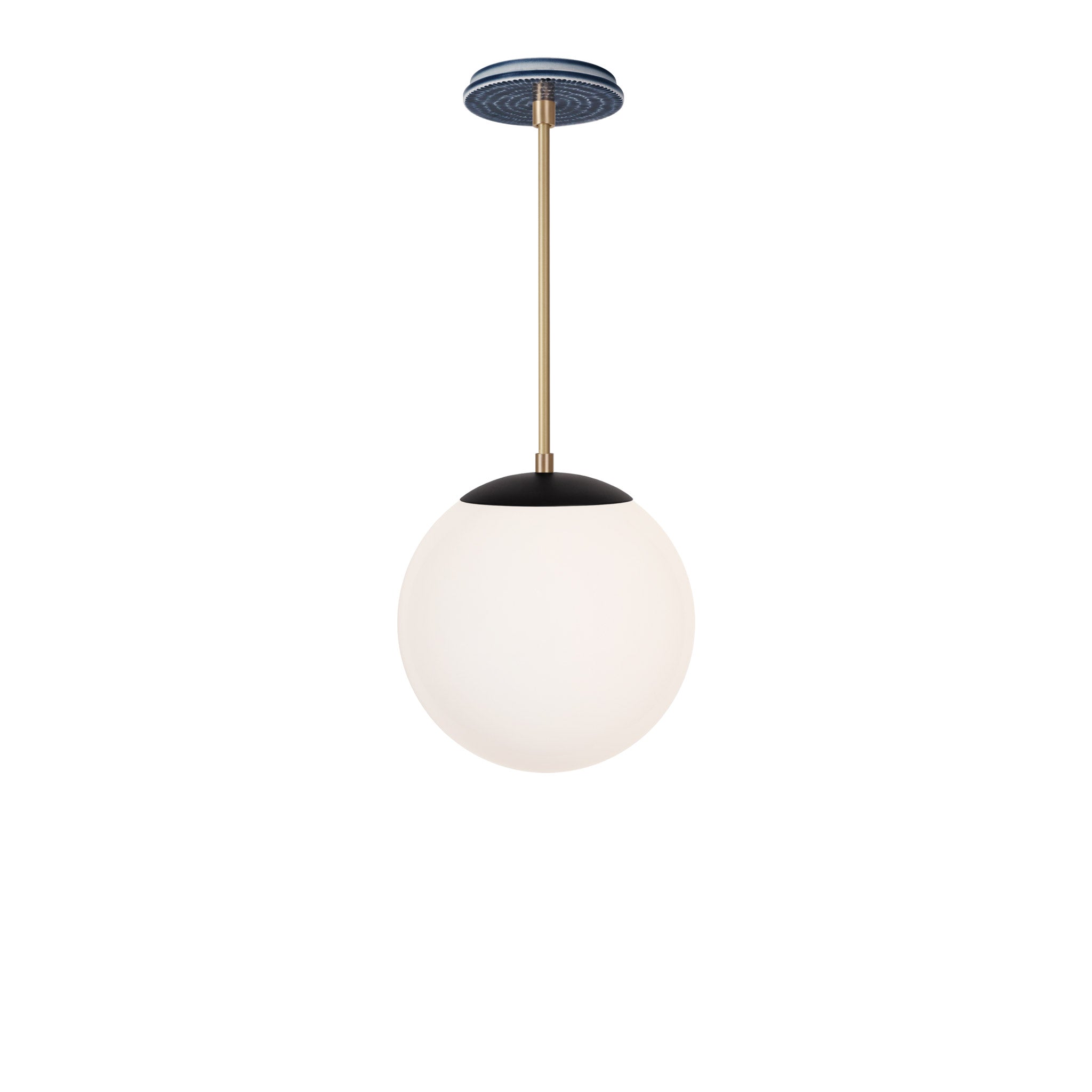 Alto Rod 10” Opal shown in Matte Black with Brass and an Indigo Blue Sunflower Ceramic Canopy