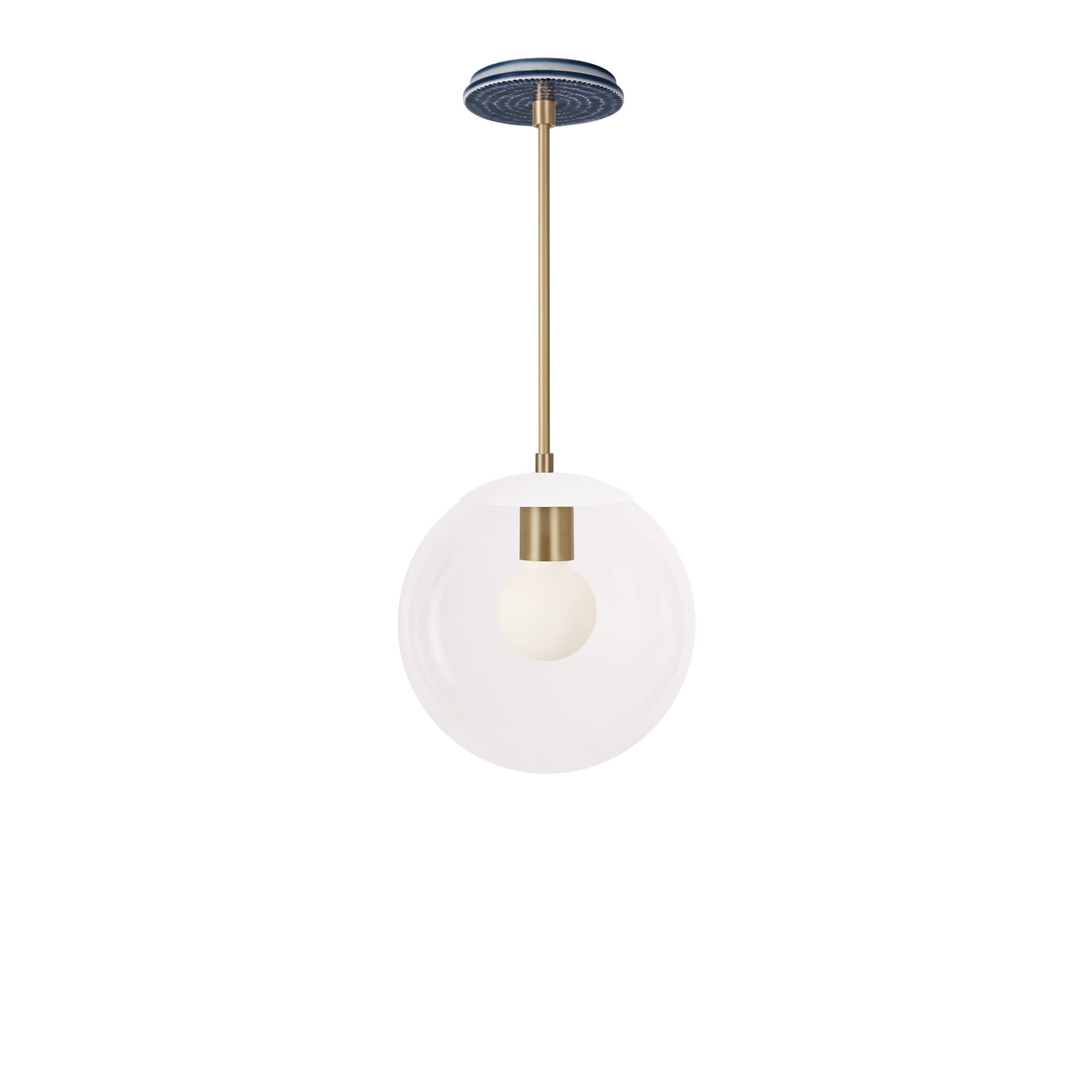 Alto Rod 10” Clear shown in White with Brass and an Indigo Blue Sunflower Ceramic Canopy