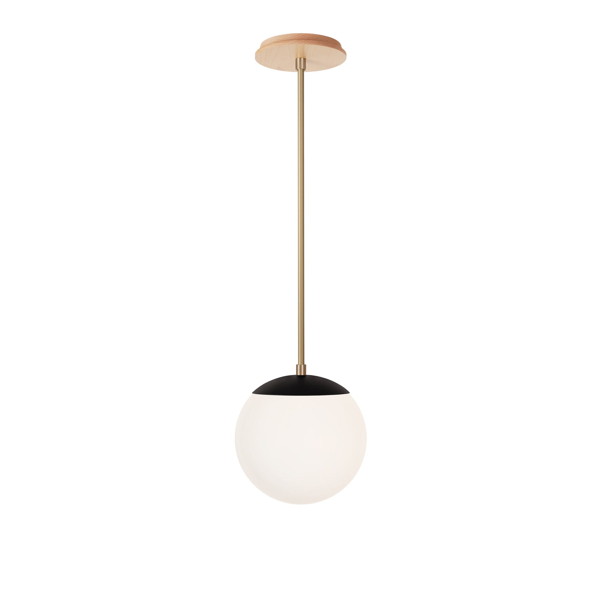 Alto Rod 8” Opal shown in Matte Black with Brass and a Maple Wood Canopy