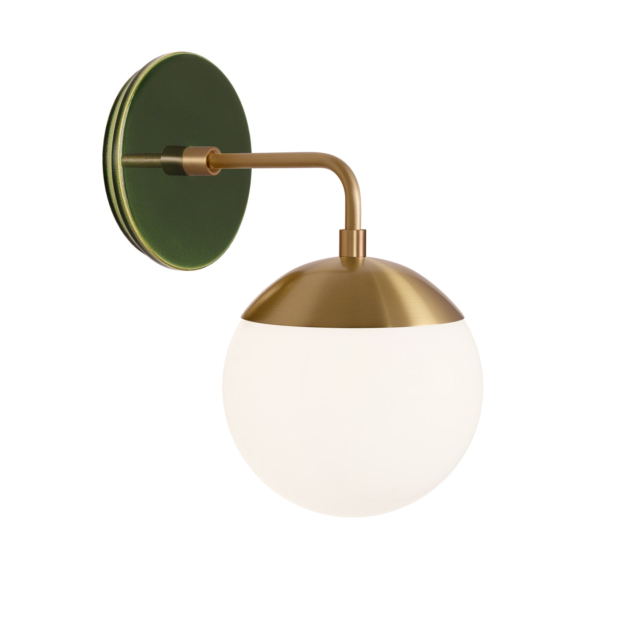 Alto Sconce 6” shown in Heirloom Brass with a Forest Green Swift Ceramic Canopy