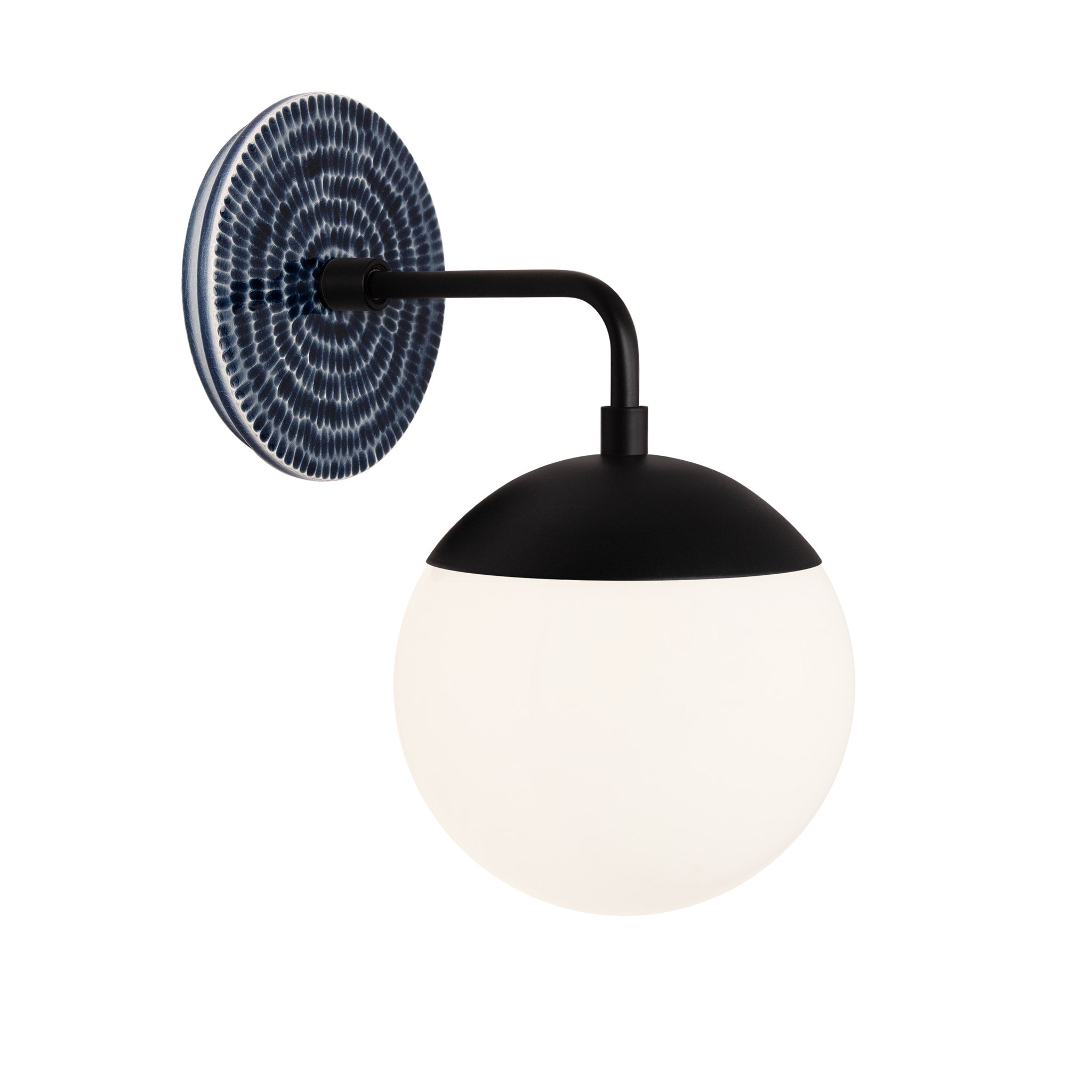 Alto Sconce 6” shown in Matte Black with an Indigo Blue Sunflower Ceramic Canopy