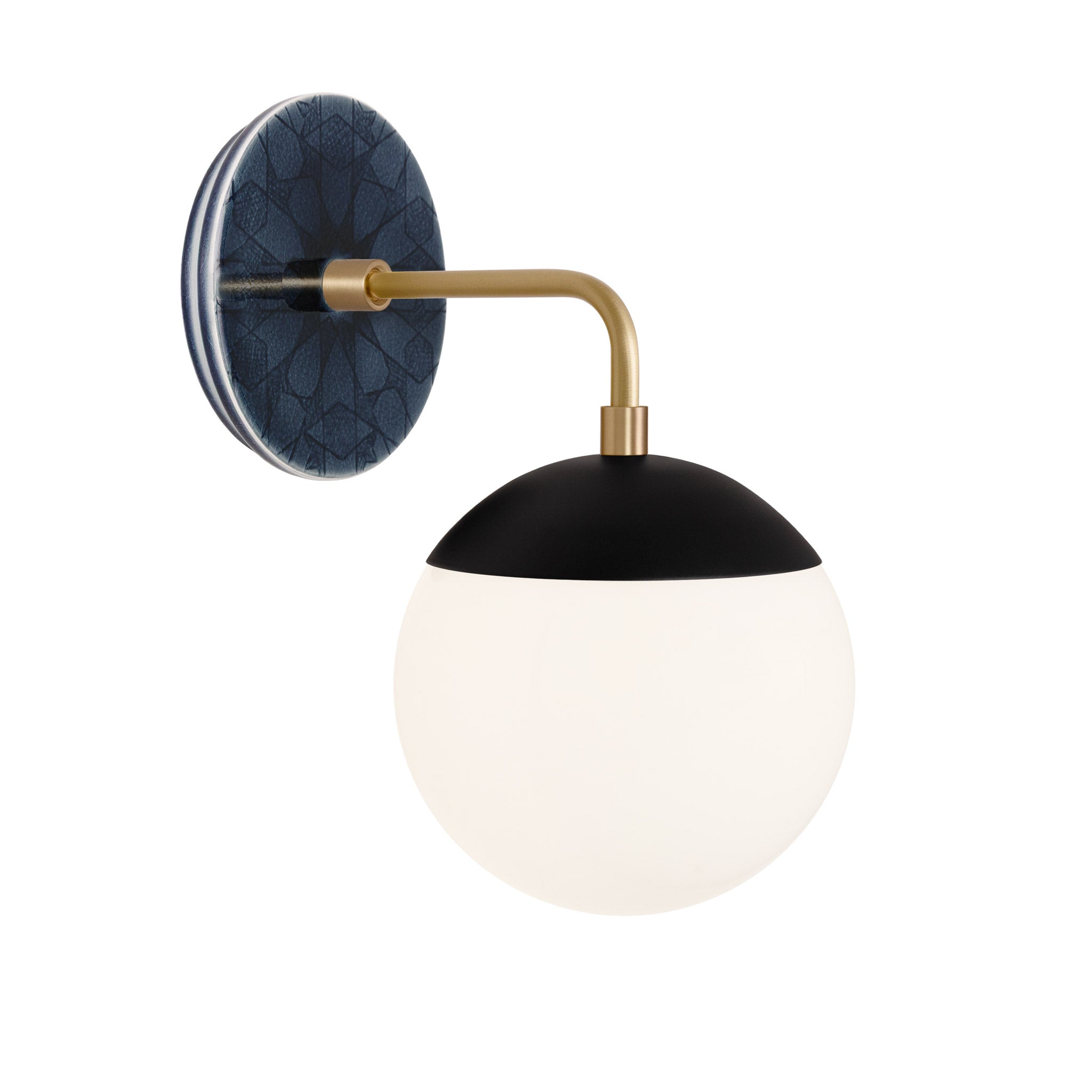 Alto Sconce 6” shown in Matte Black with Brass and an Indigo Blue Star Ceramic Canopy
