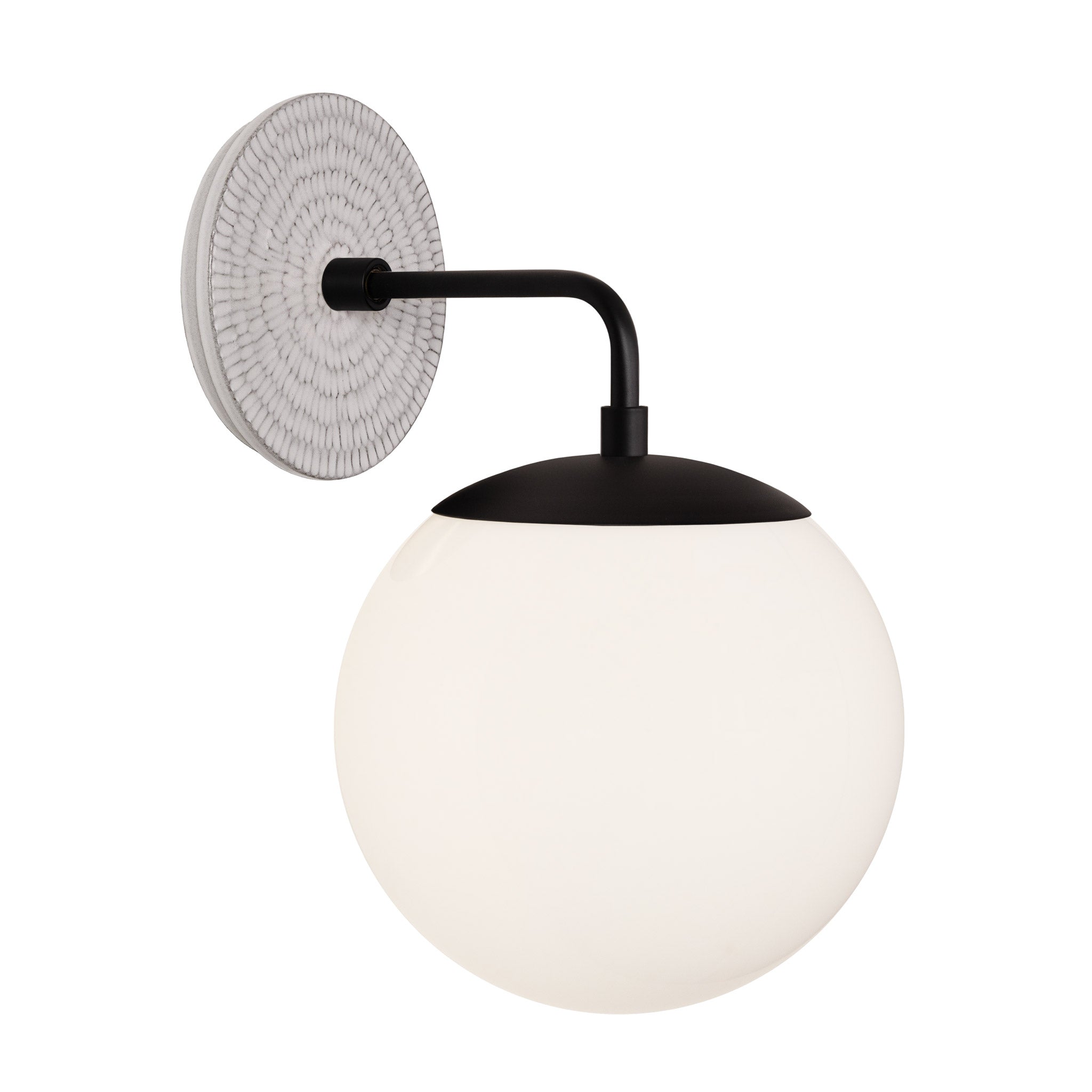 Alto Sconce 8” shown in Matte Black with a Brownstone White Sunflower Ceramic Canopy