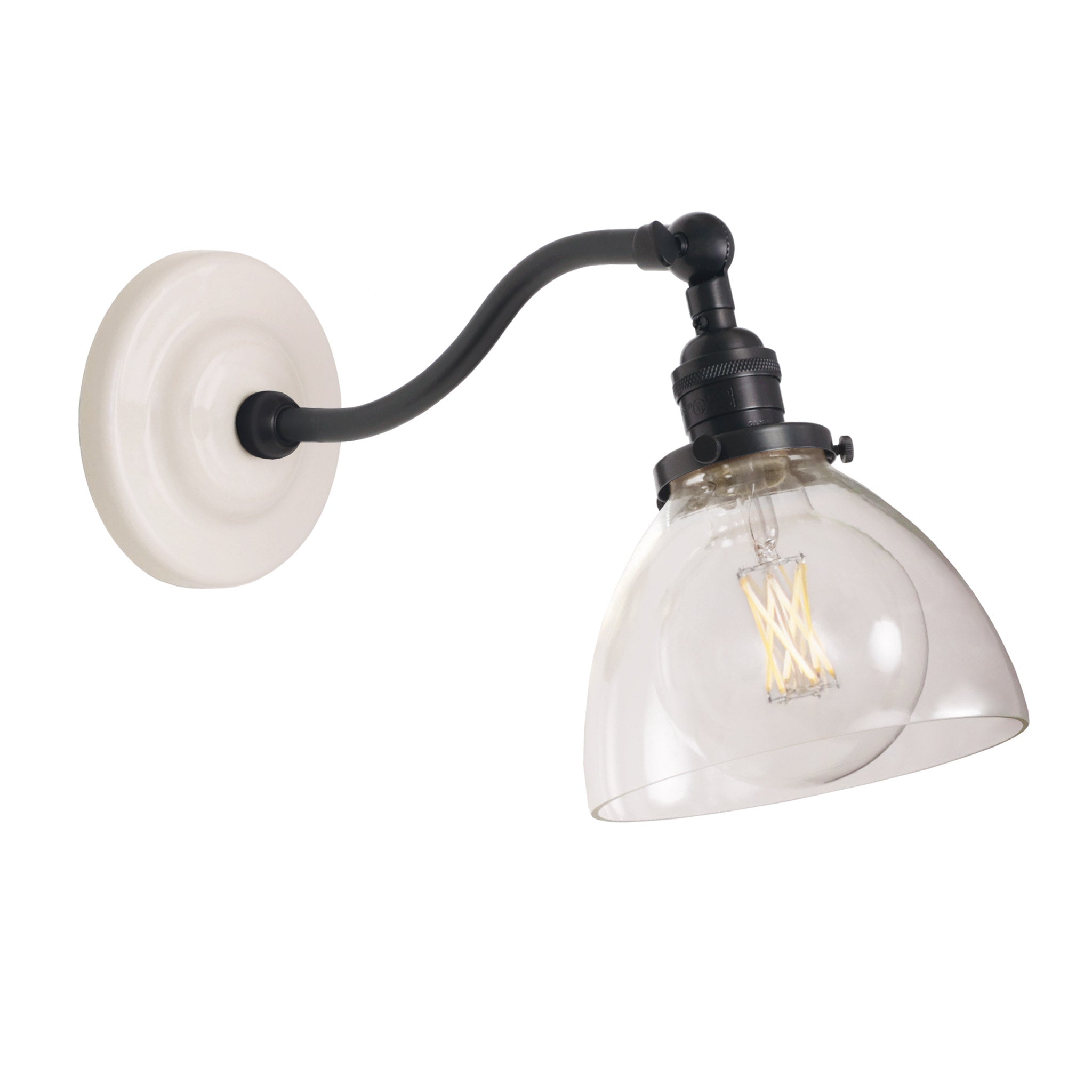 Grace Sconce shown in Graphite Patina with a Gloss White Ceramic canopy and Clear Glass shade