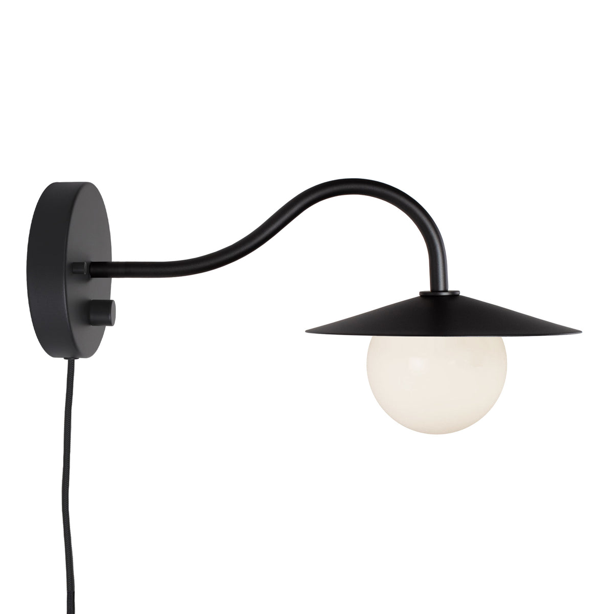 Marie Petite Sconce shown in Matte Black with a Backplate Dimmer Switch and Black Cord