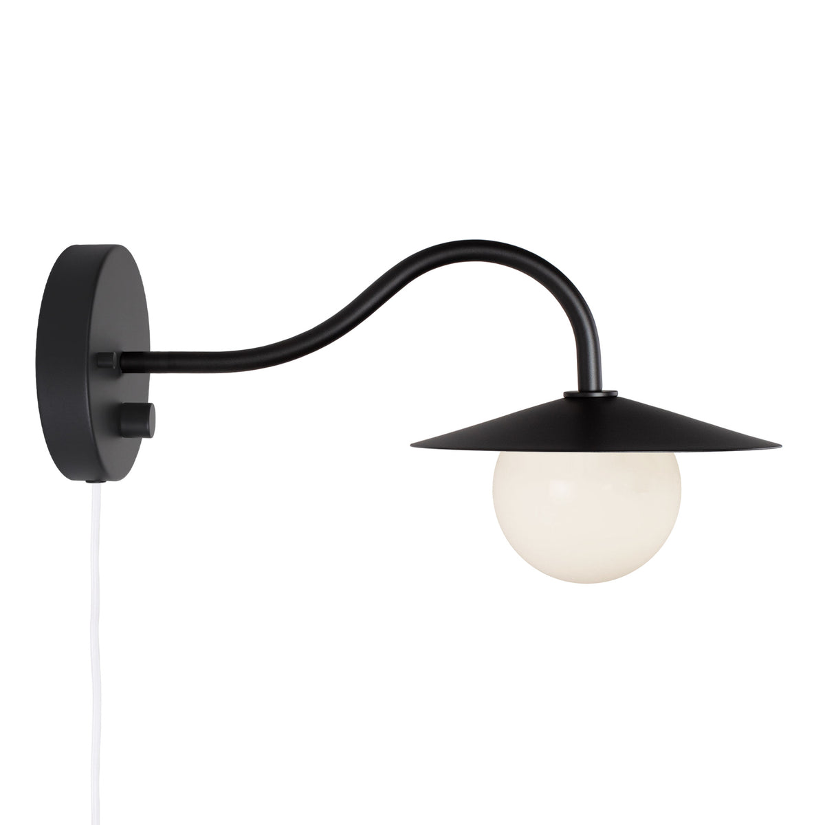 Marie Petite Sconce shown in Matte Black with a Backplate Dimmer Switch and White Cord