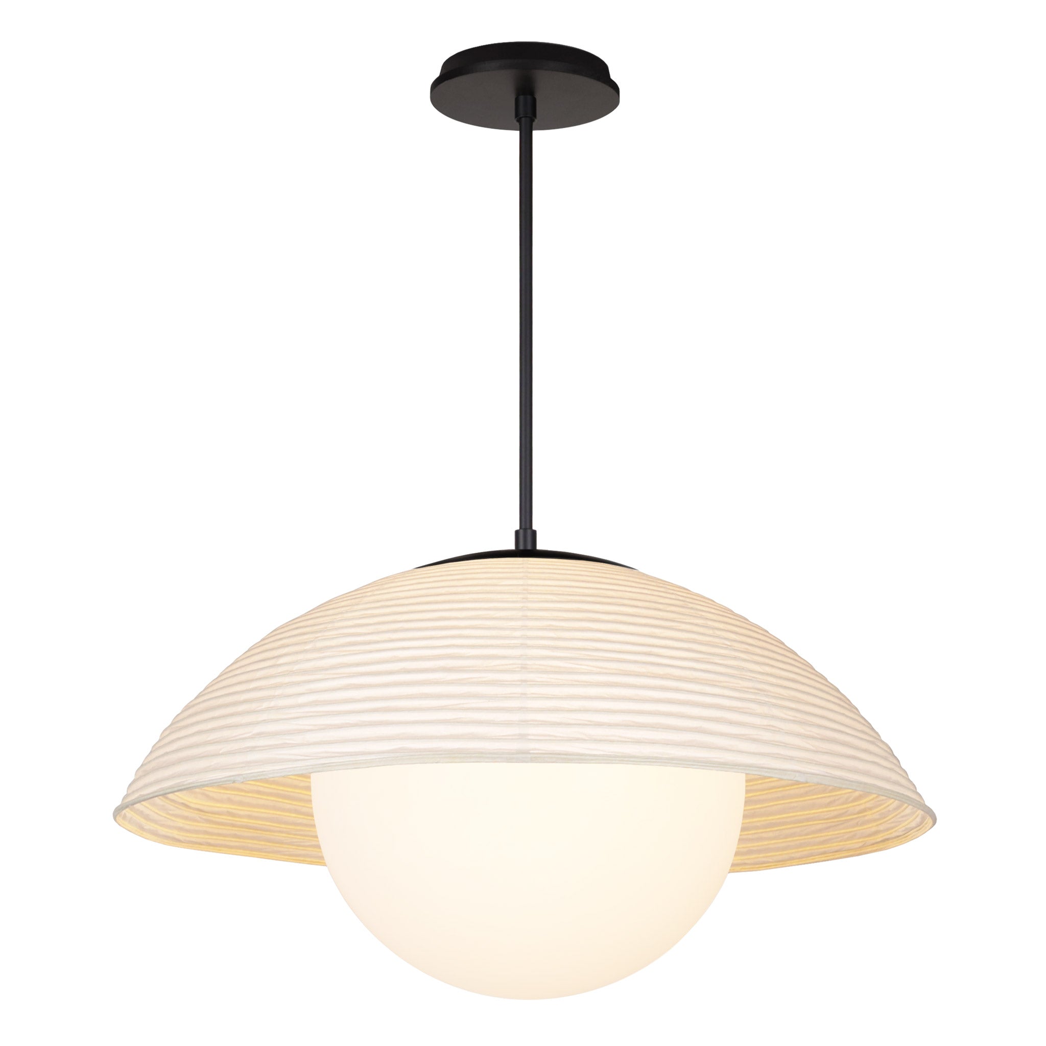Maru Pendant with a Natural shade shown in Matte Black with a Black Stained Wood canopy
