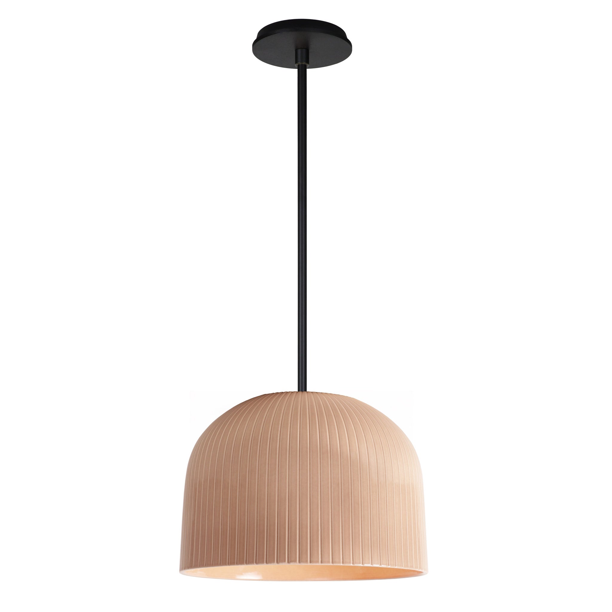 Morgan Pendant shown in Gloss Dusty Rose Glaze and Matte Black with a Black Stained Wood Canopy