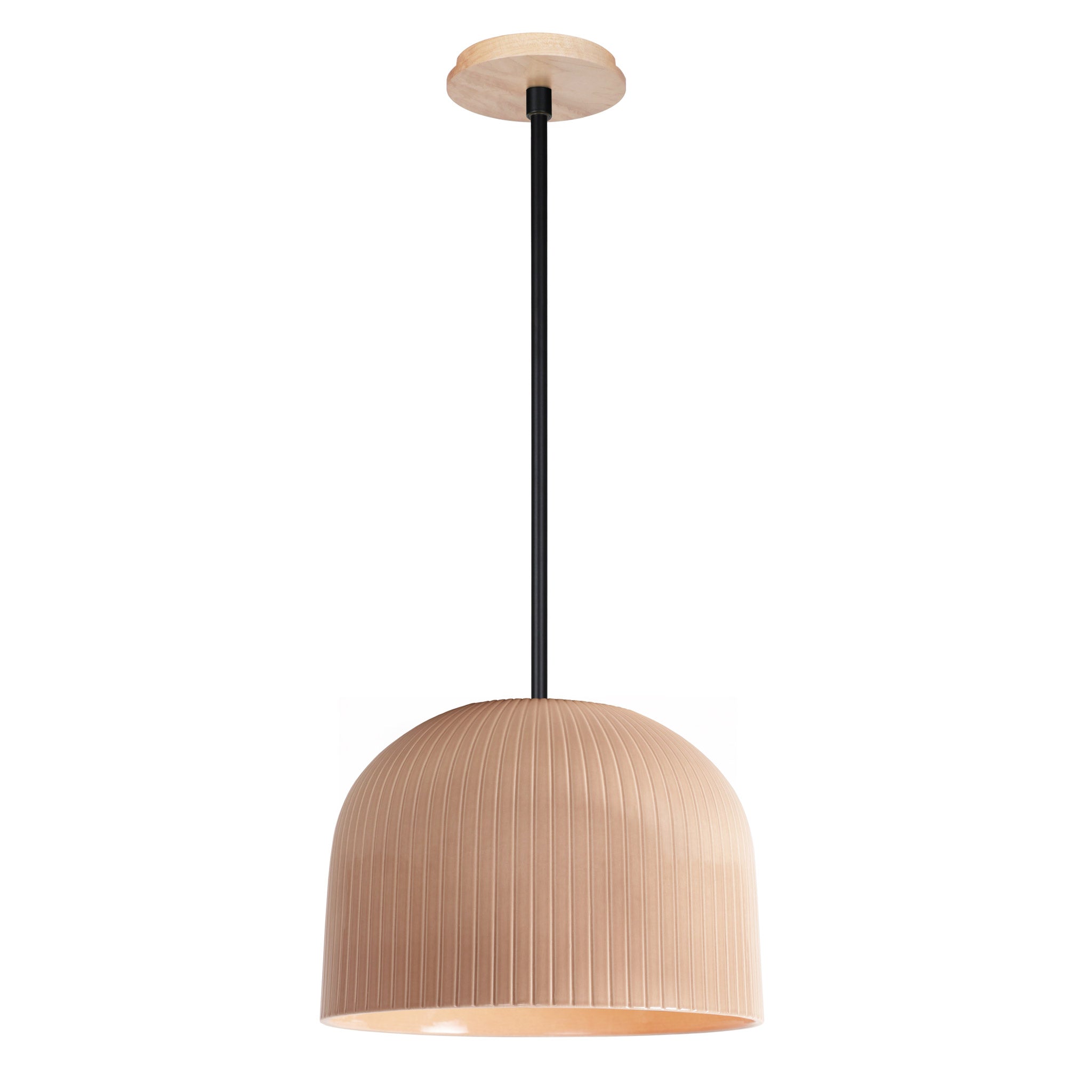 Morgan Pendant shown in Gloss Dusty Rose Glaze and Matte Black with a Maple Wood Canopy