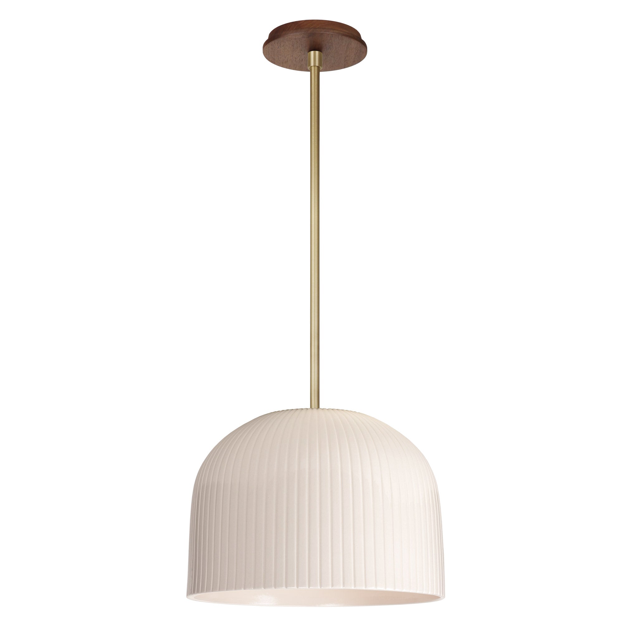 Morgan Pendant shown in Gloss White Glaze and Brass with a Walnut Wood Canopy