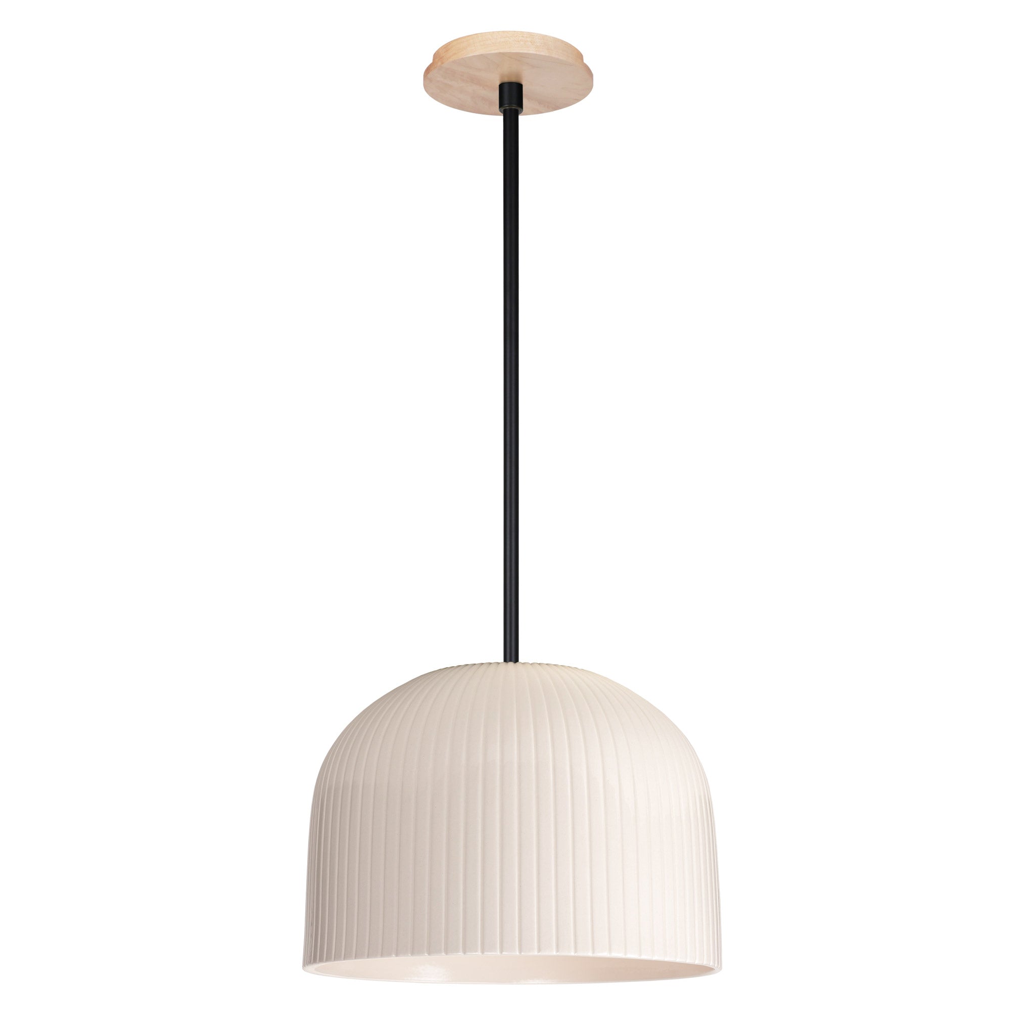 Morgan Pendant shown in Gloss White Glaze and Matte Black with a Maple Wood Canopy
