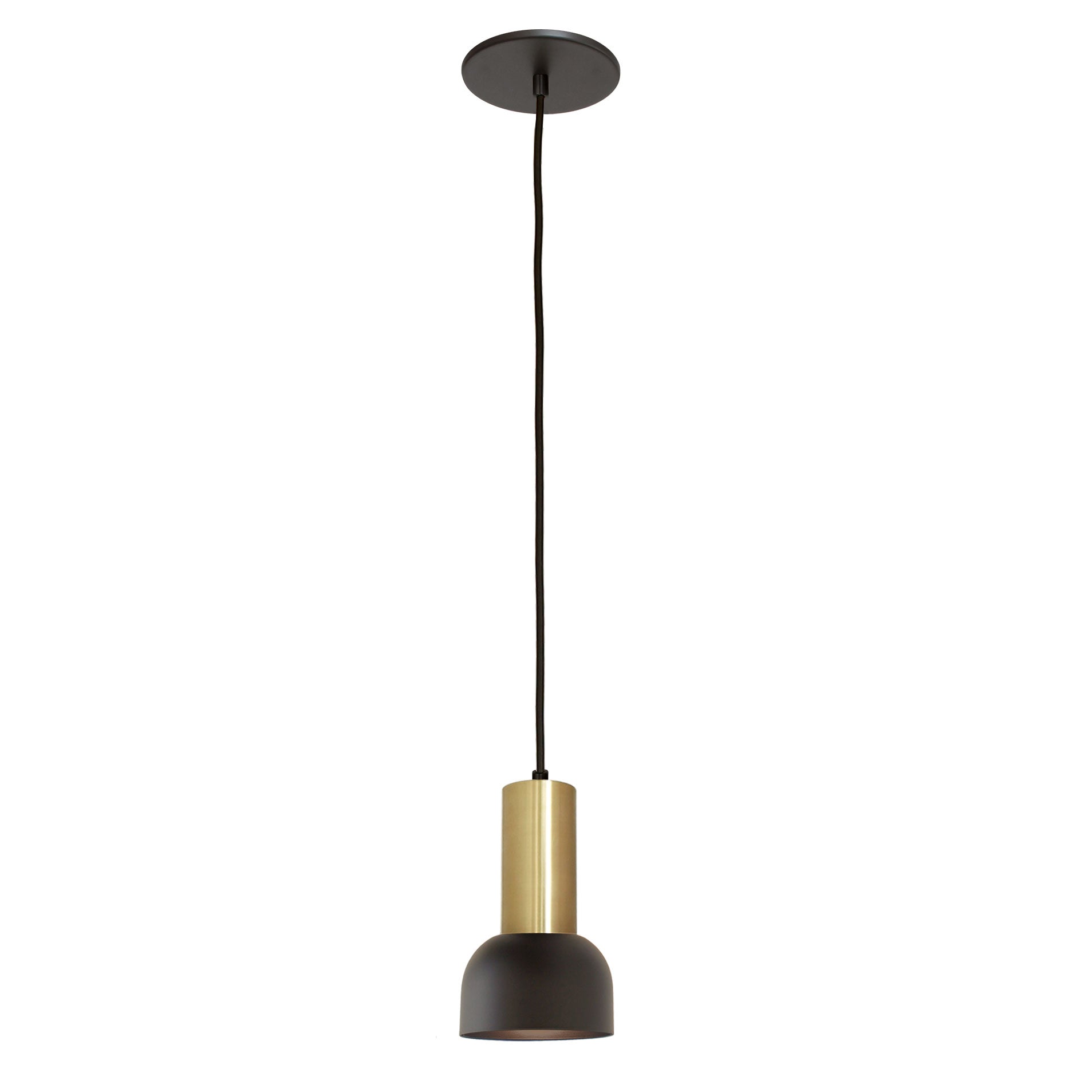 Scout Cord Pendant shown in Matte Black with Brass and Black Cloth cord