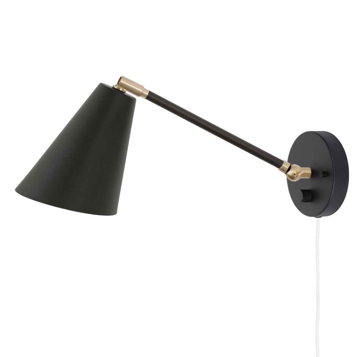 Tilt Cone Single Articulated shown in Matte Black and Brass Accents with Dimmer Switch and White Cord