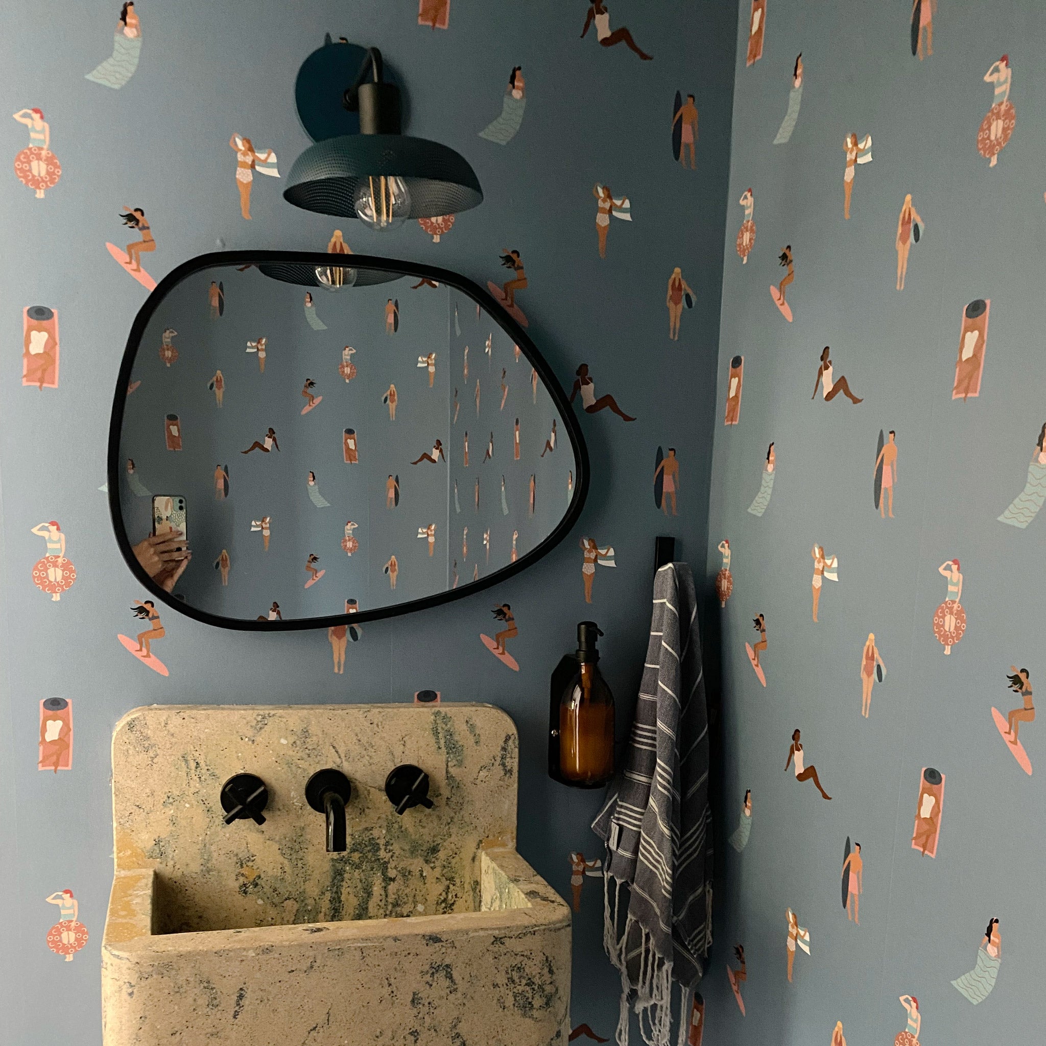 Sally Sconce with Perforated 8" Shade in Ocean Blue. Interior design by Ordinary Home Studio, Diana Blanco