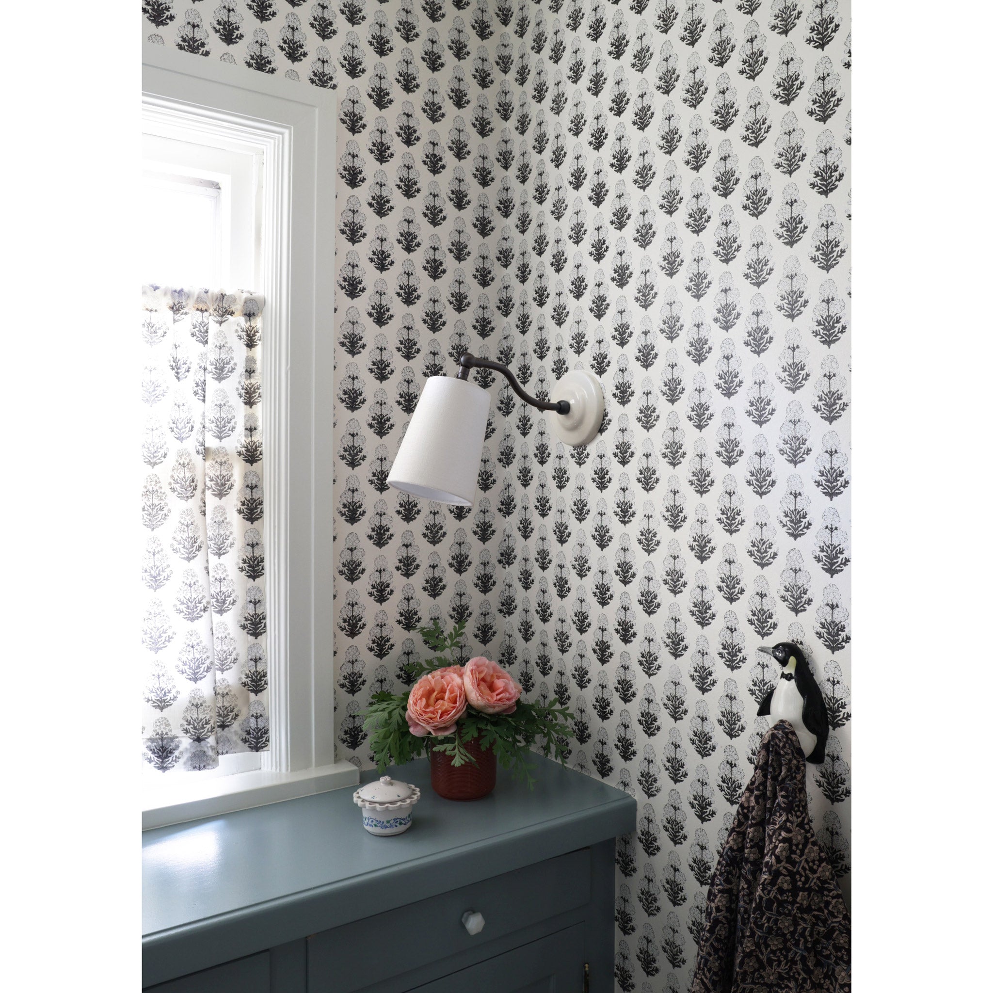 Grace Linen Sconce shown in Graphite Patina with a Gloss White Ceramic canopy shown with Marigold wallpaper and fabric from Filling Spaces