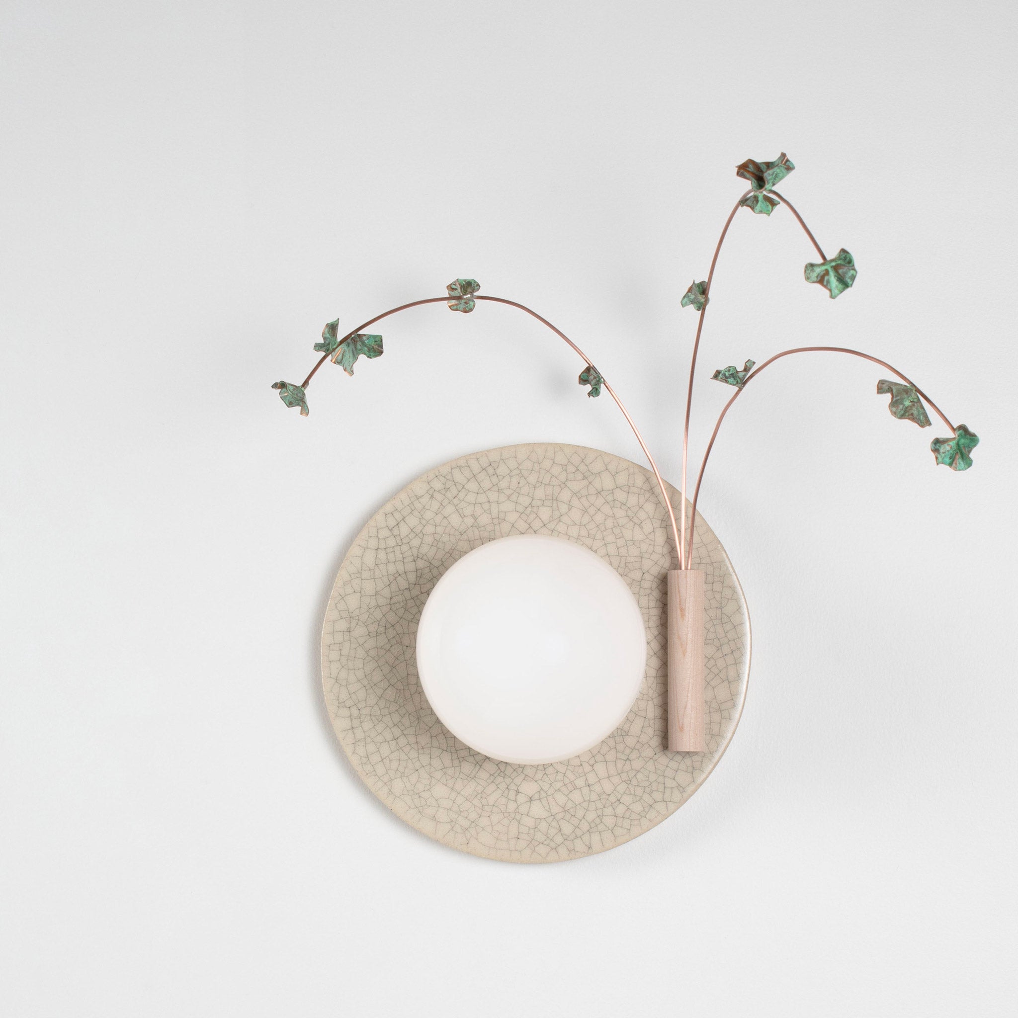 Ikebana Sconce shown in Gloss Crackle Glaze with Verdigris flower finish and Right mounted vase