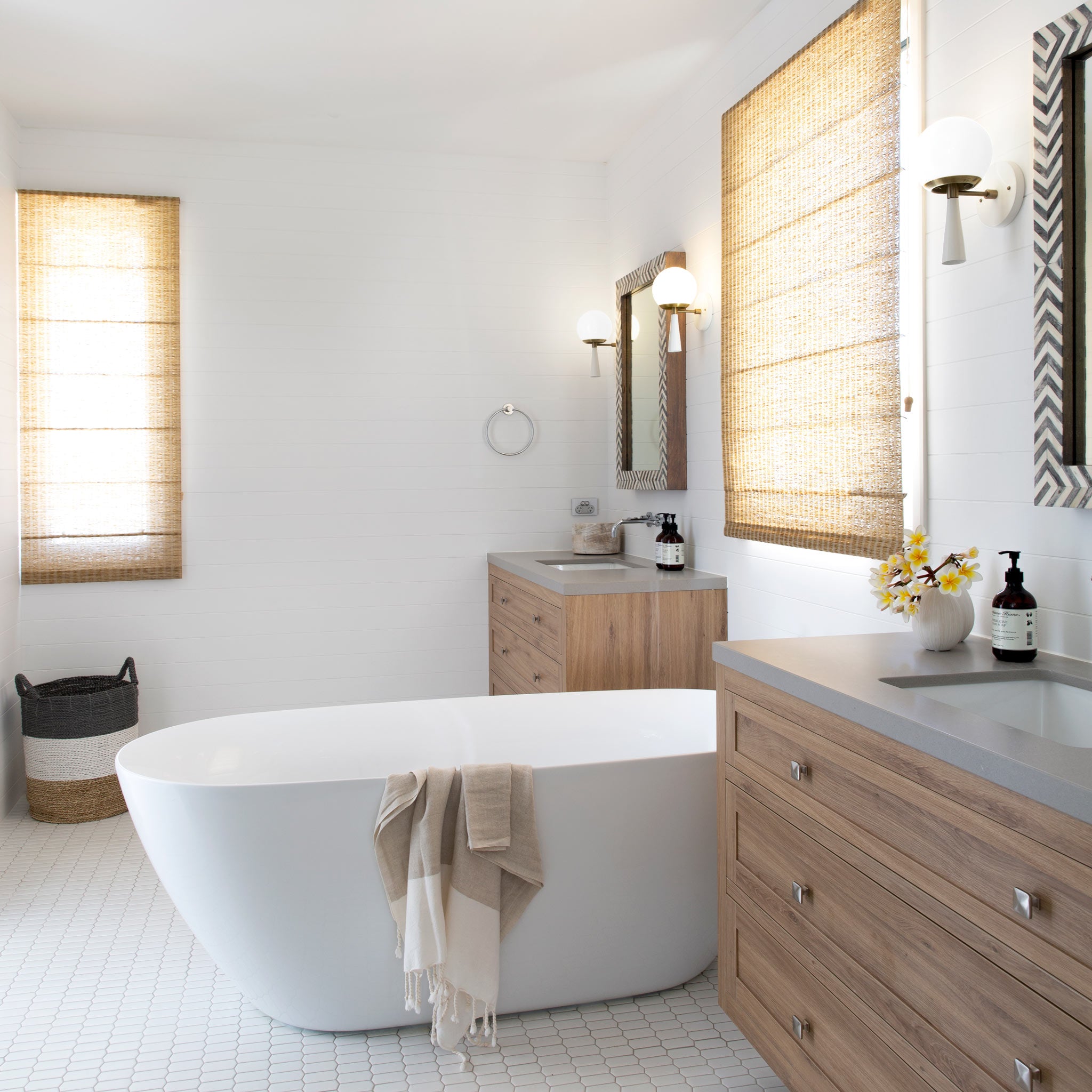 Audrey 6" shown in White with Brass with an Opal 6" globe. Interior design by Donna Guyler Design. Photo by Louise Roche, Villa Styling