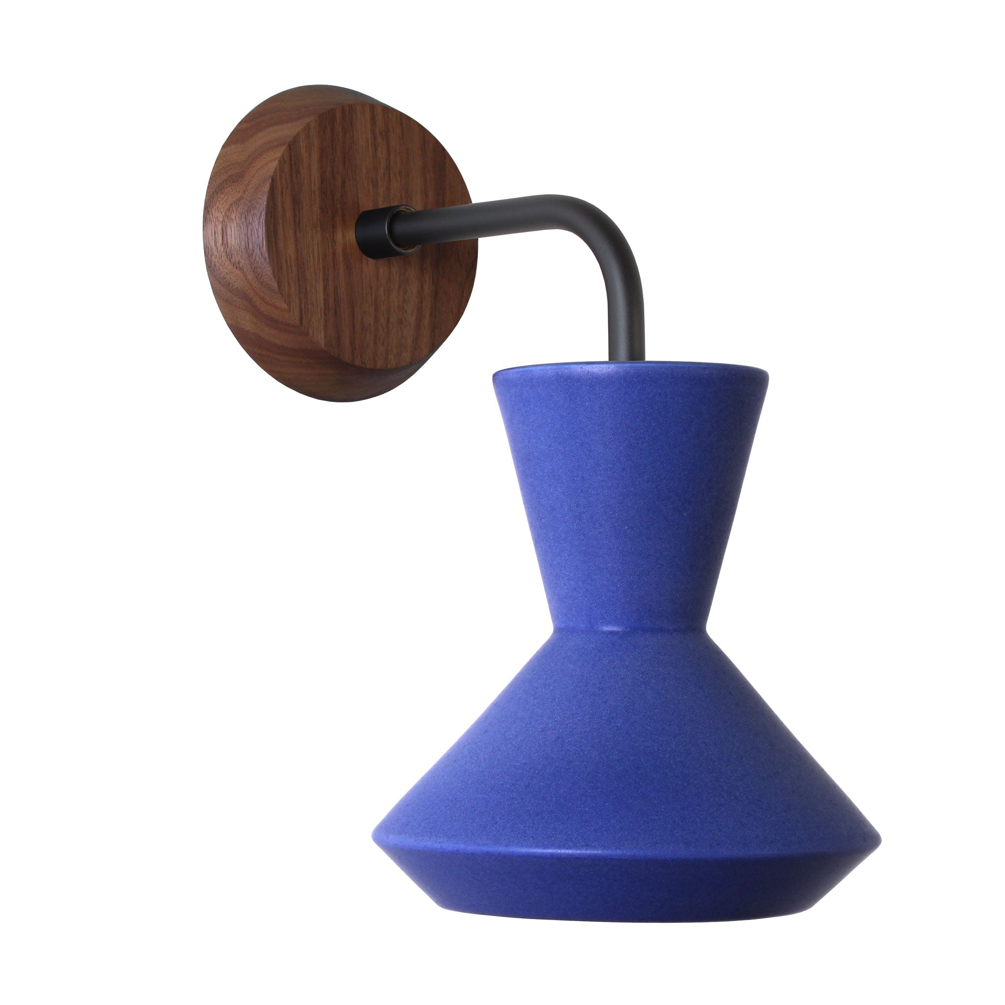 Bobbie Sconce shown in Cobalt Blue Glaze with Matte Black Metal and Walnut Canopy