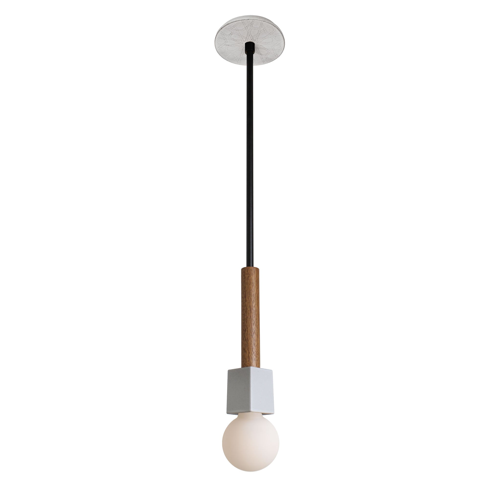 Seneca Pendant shown in Walnut with Star pattern Brownstone White ceramic canopy