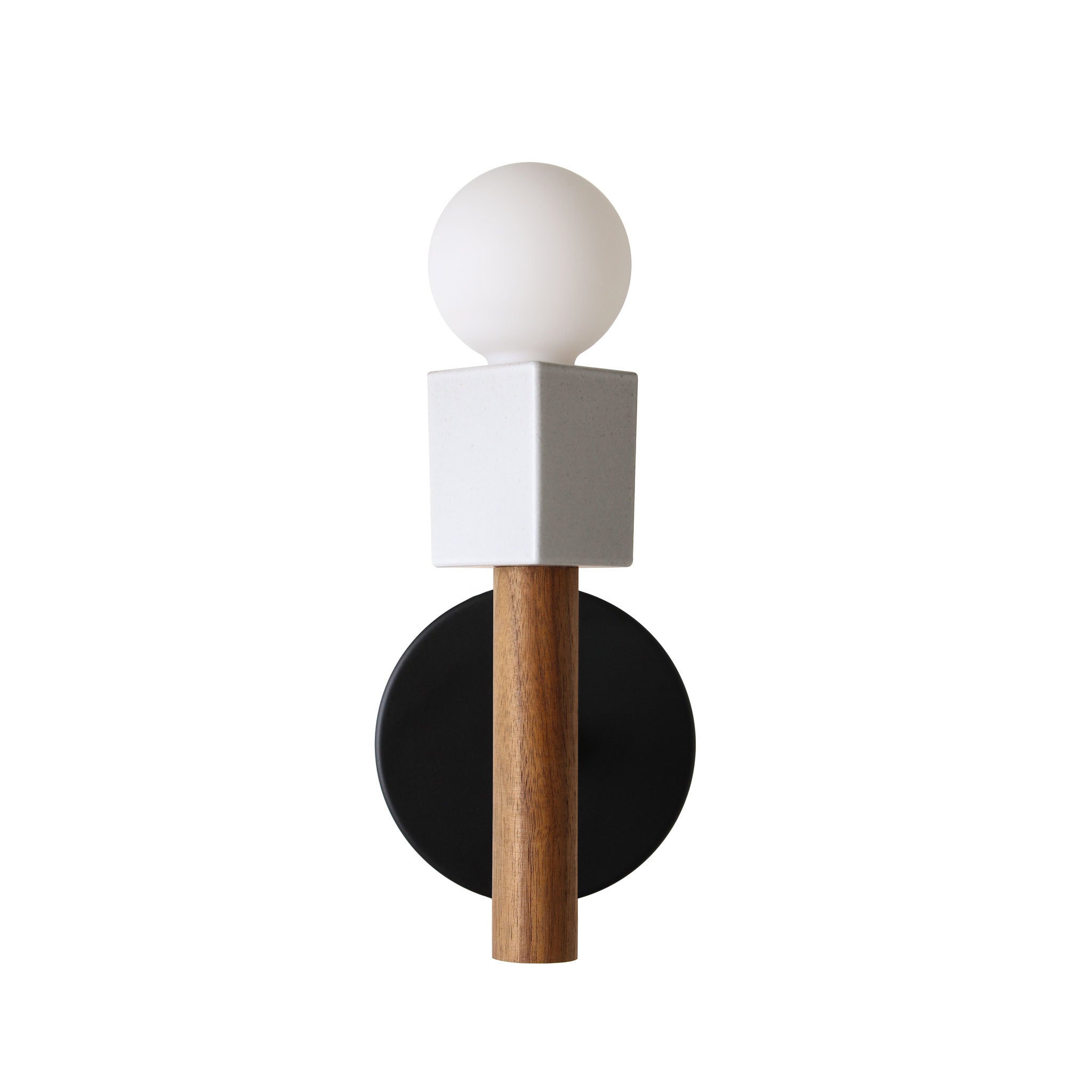 Seneca Sconce shown with a Matte Black metal canopy and Walnut