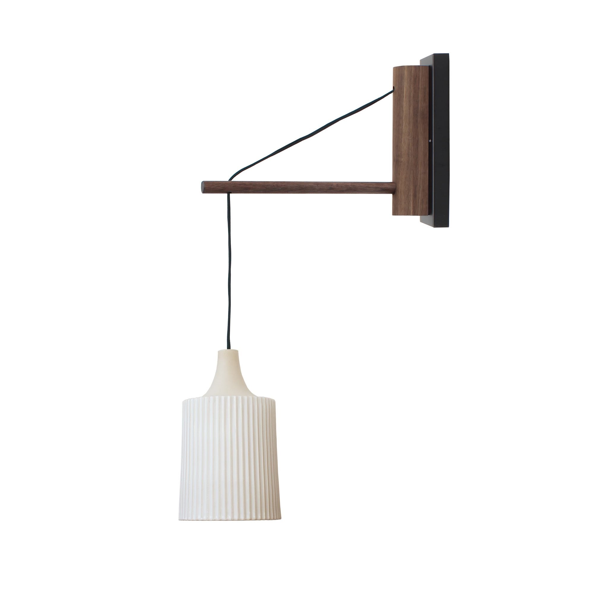 Tumwater 14" Wood Arm Sconce shown in Matte Black with Walnut and a Black Hardwired Cord.