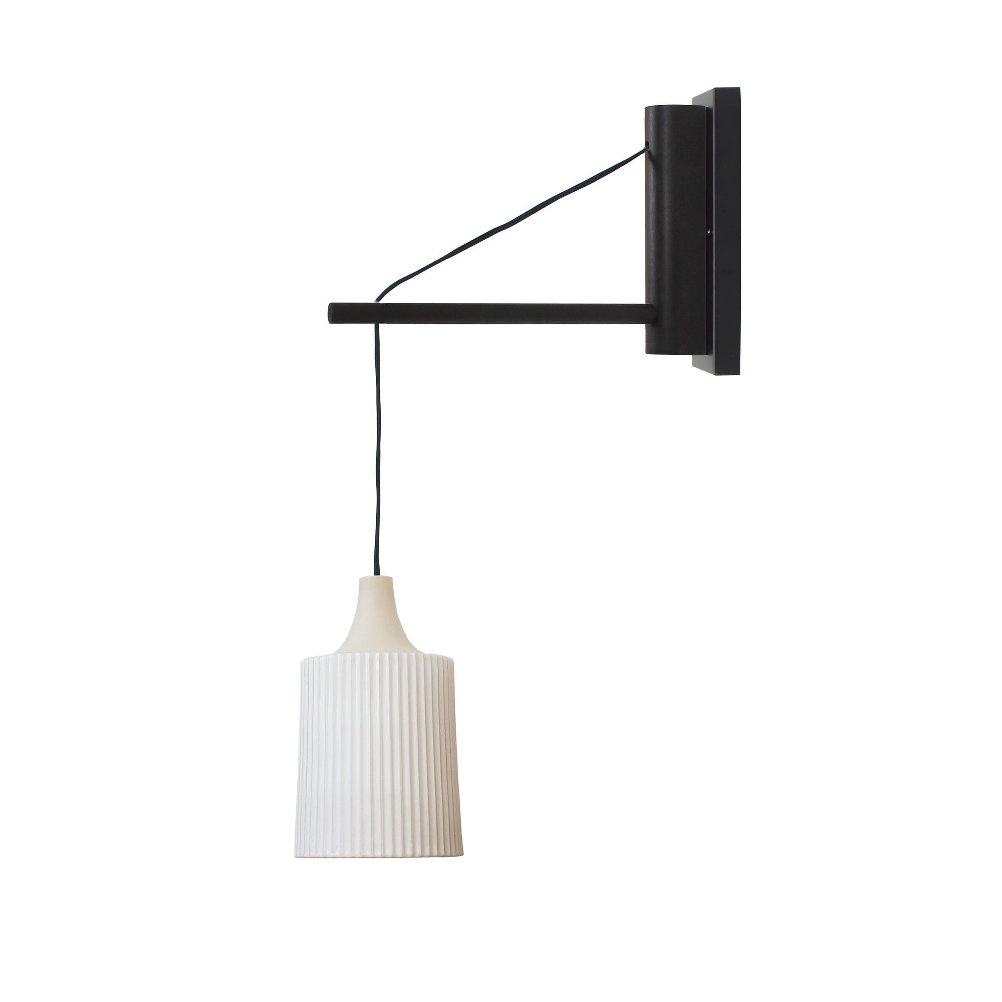 Tumwater 14" Wood Arm Sconce shown in Matte Black with Black Stained wood and a Black Hardwired Cord.