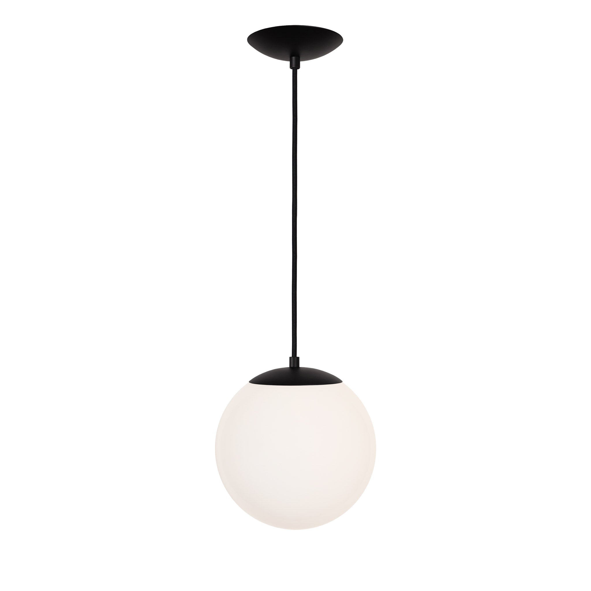 Alto Cord 10" shown in Matte Black with Black Cloth Cord and an Opal 10” Globe