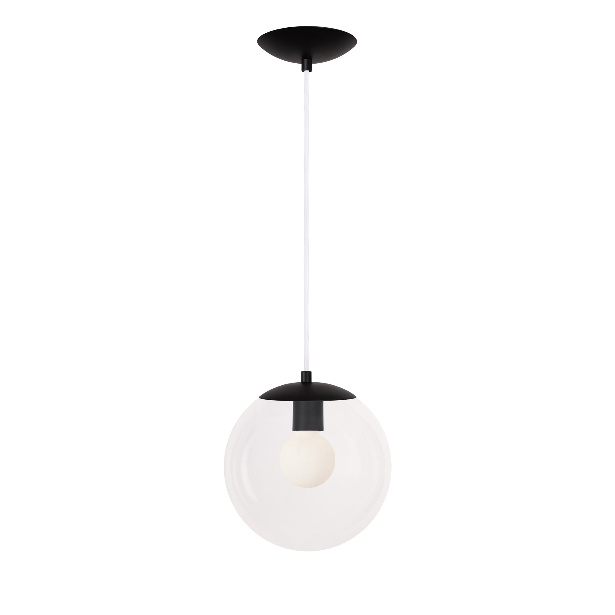 Alto Cord 10" shown in Matte Black with White Cloth Cord and a Clear 10” Globe