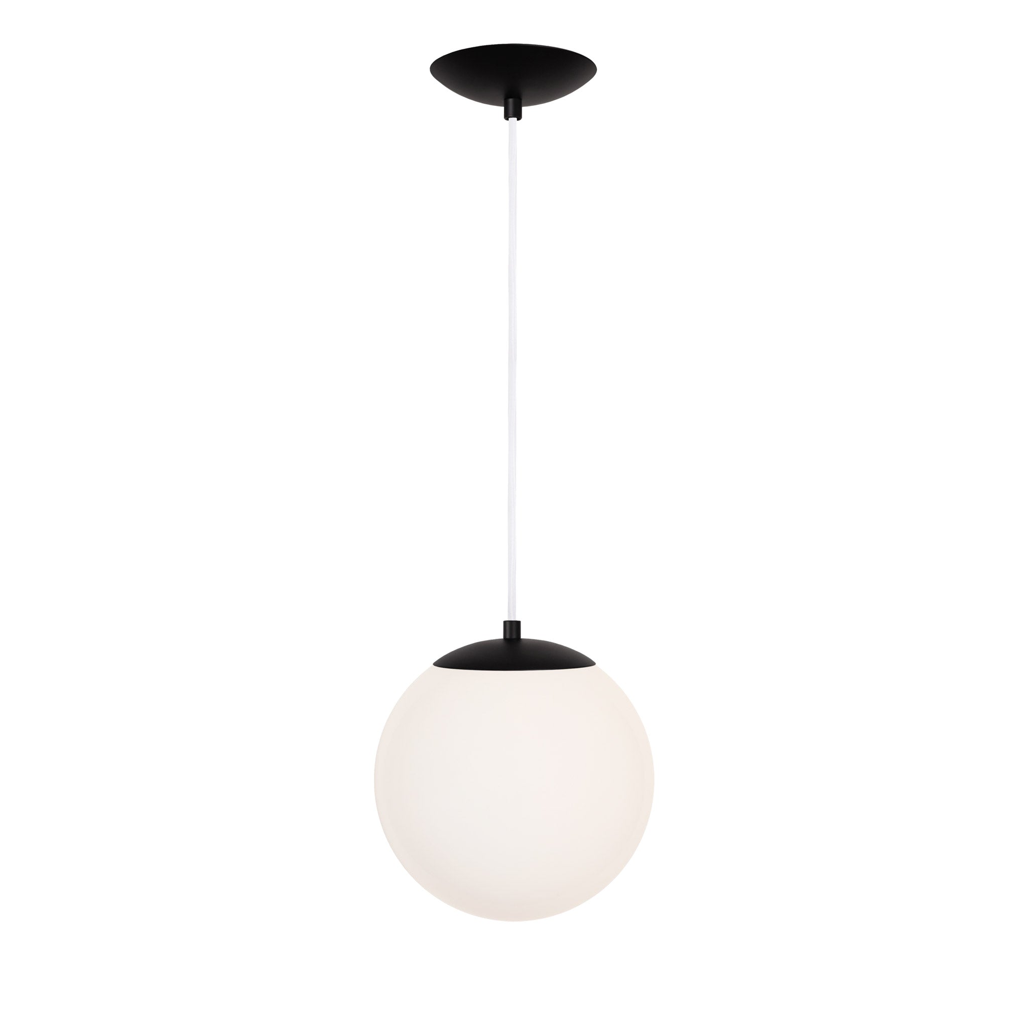 Alto Cord 10" shown in Matte Black with White Cloth Cord and an Opal 10” Globe