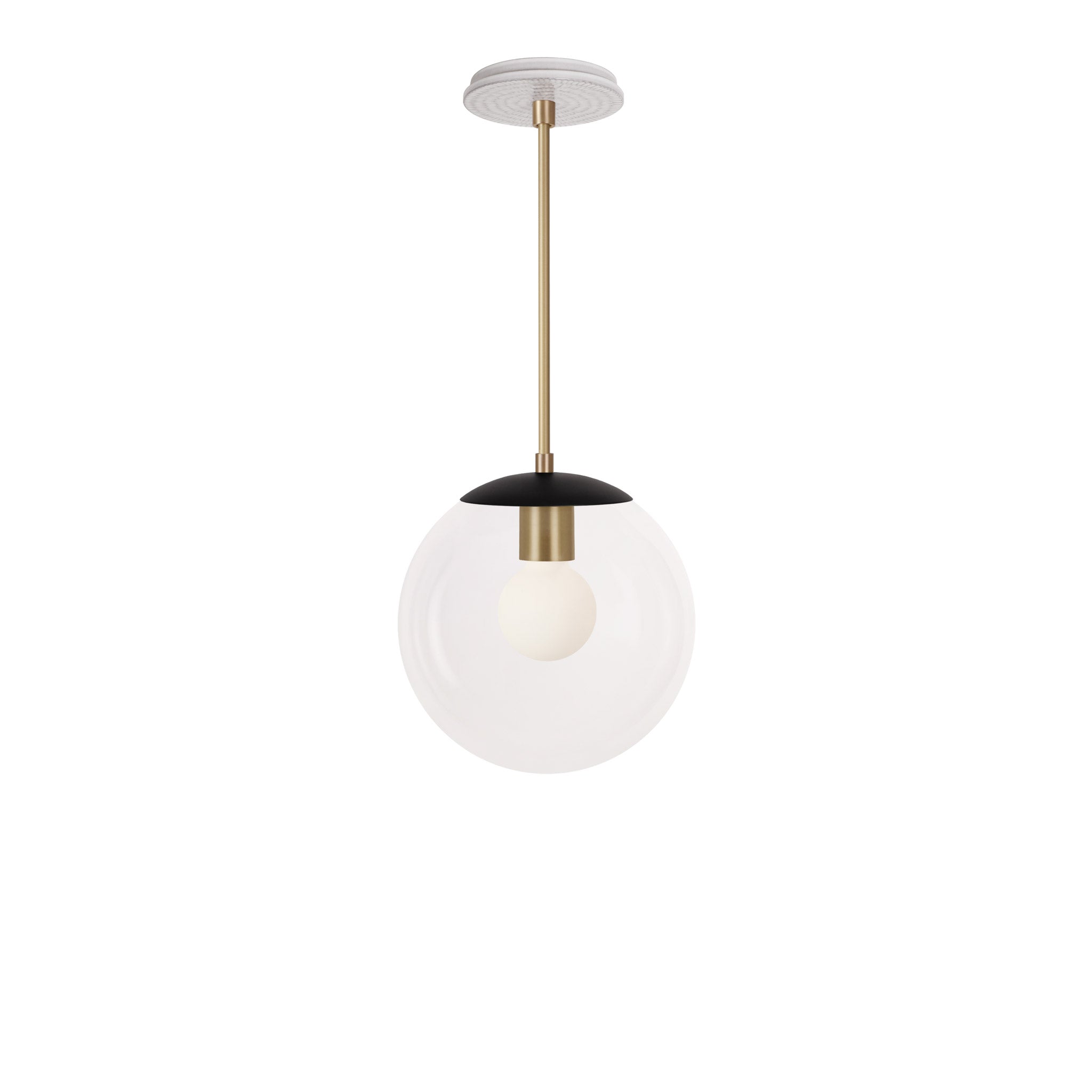 Alto Rod 10” Clear shown in Matte Black with Brass and a Brownstone White Sunflower Ceramic Canopy