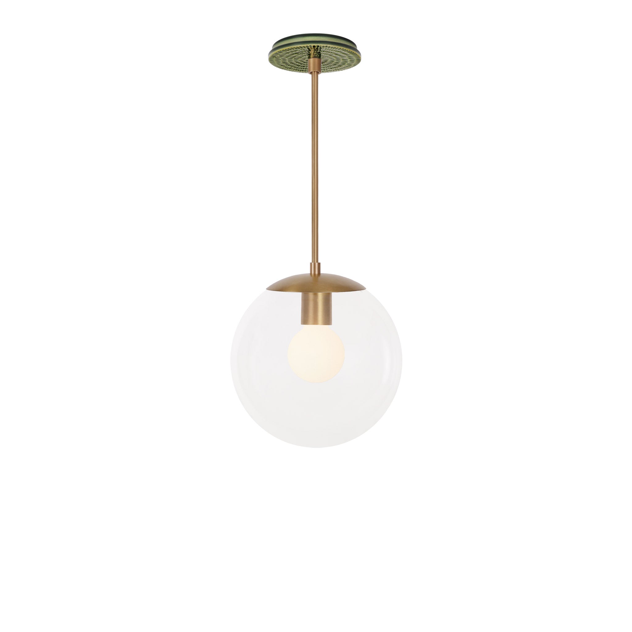 Alto Rod 10” Clear shown in Heirloom Brass with a Forest Green Sunflower Ceramic Canopy