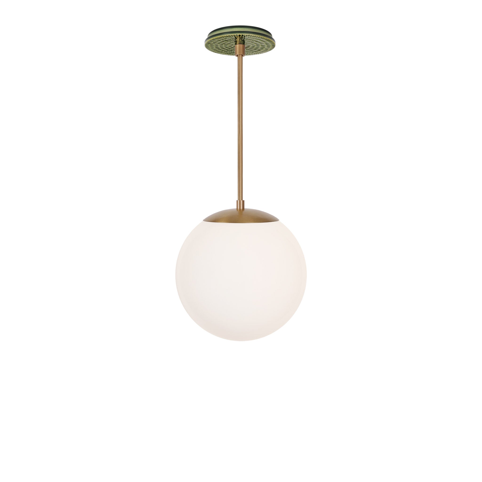 Alto Rod 10” Opal shown in Heirloom Brass with a Forest Green Sunflower Ceramic Canopy