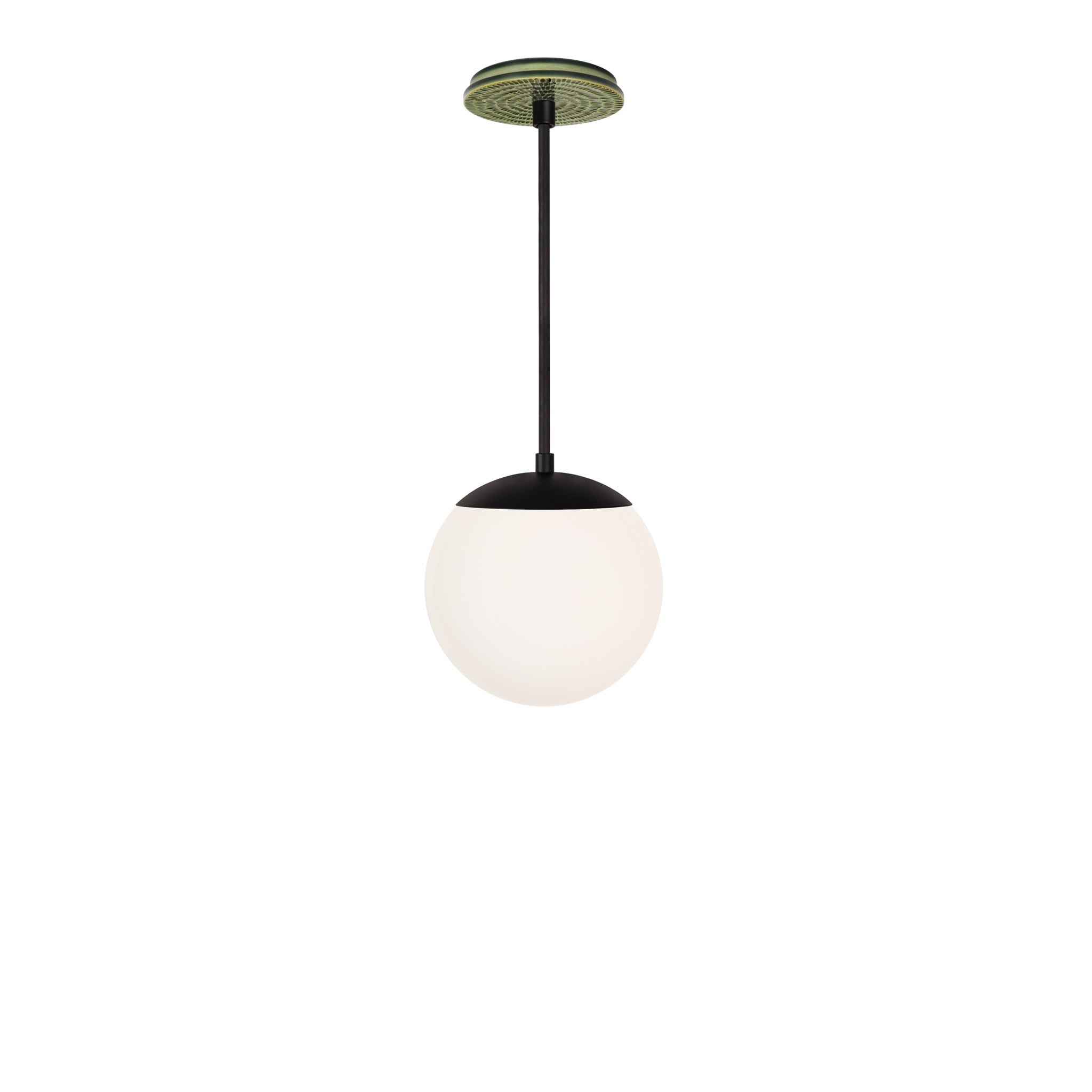 Alto Rod 8” Opal shown in Matte Black with a Forest Green Sunflower Ceramic Canopy