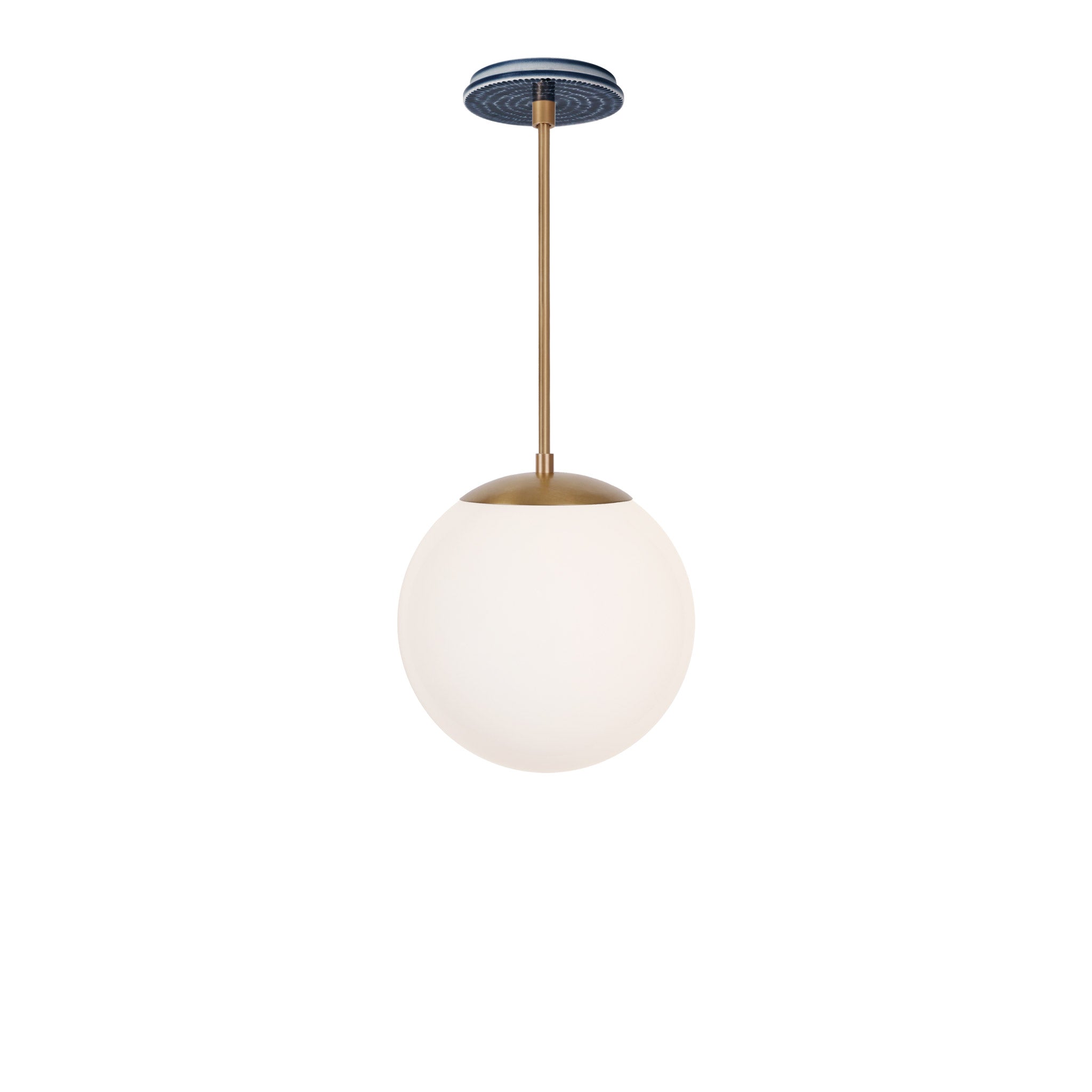 Alto Rod 10” Opal shown in Heirloom Brass with an Indigo Blue Sunflower Ceramic Canopy