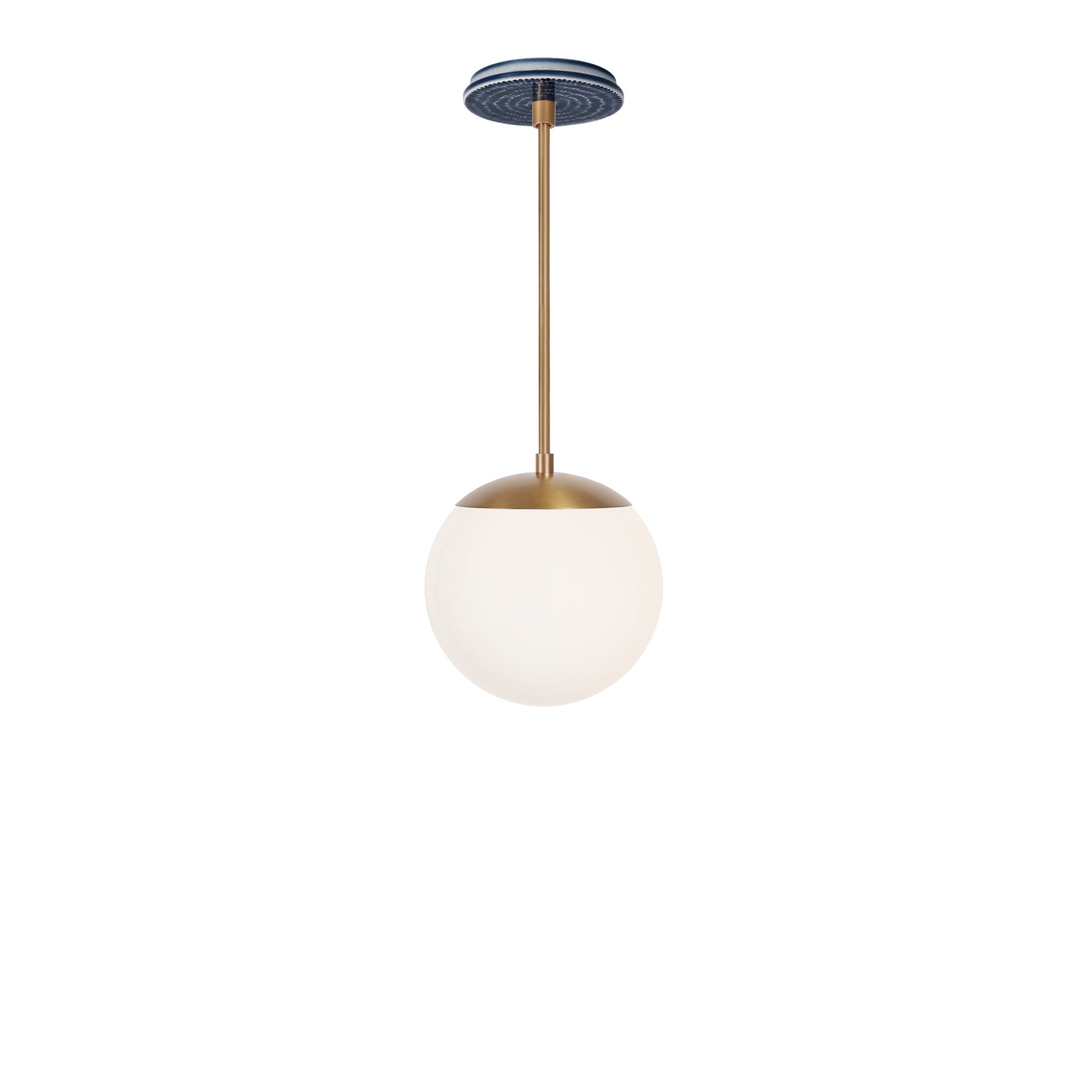 Alto Rod 8” Opal shown in Heirloom Brass with an Indigo Blue Sunflower Ceramic Canopy