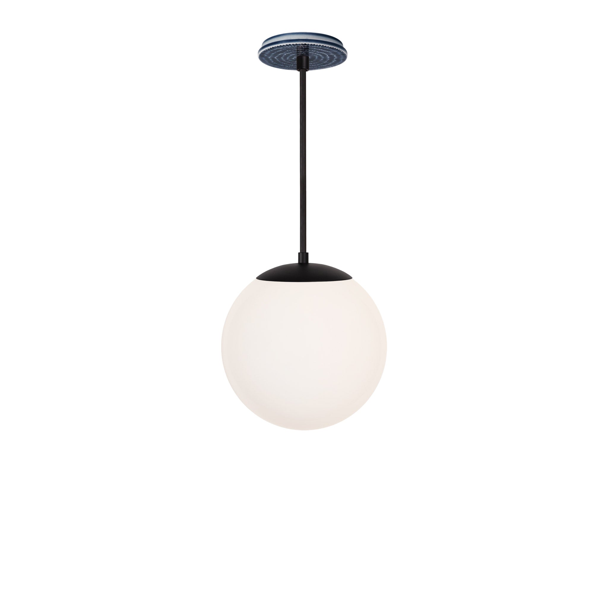 Alto Rod 10” Opal shown in Matte Black with an Indigo Blue Sunflower Ceramic Canopy
