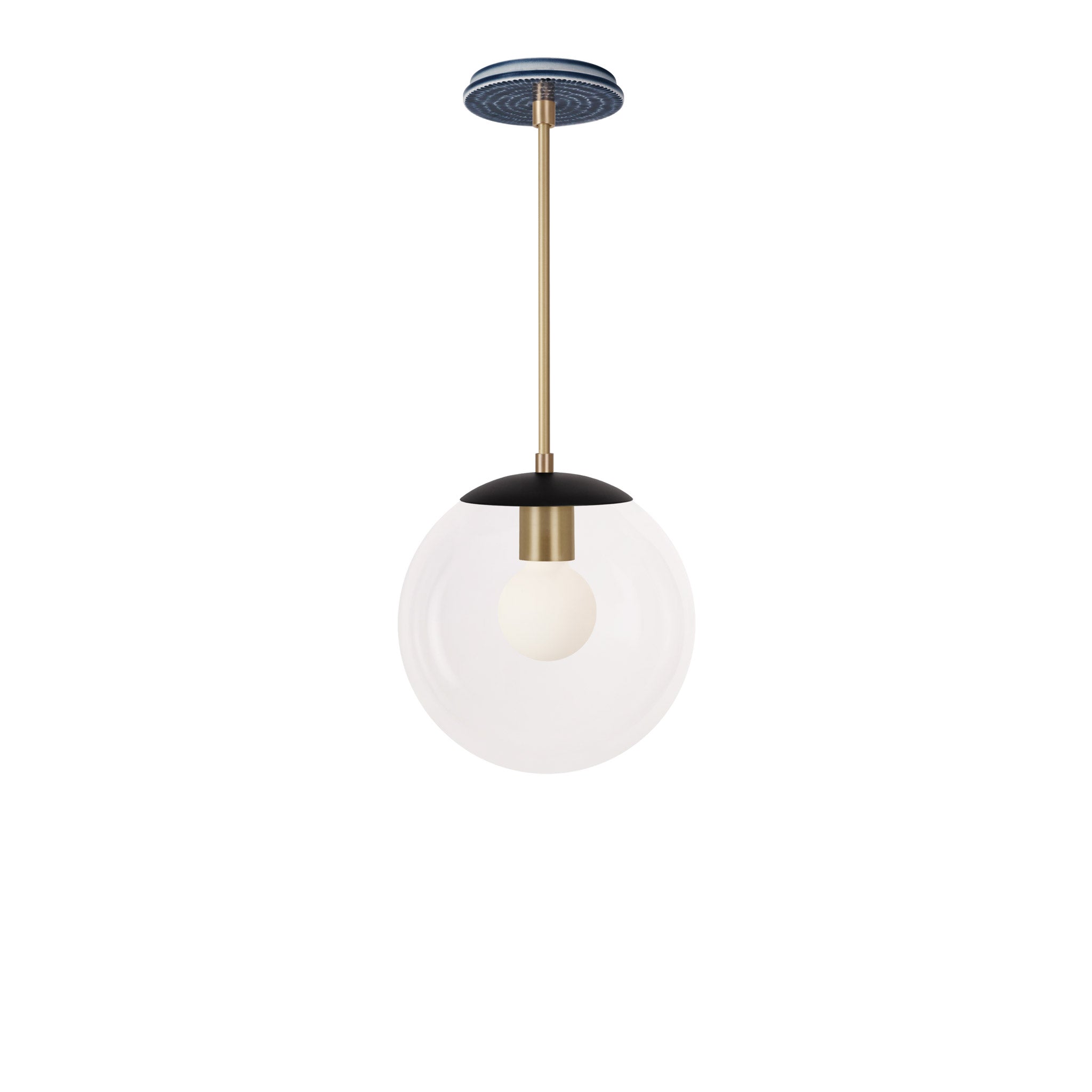 Alto Rod 10” Clear shown in Matte Black with Brass and an Indigo Blue Sunflower Ceramic Canopy