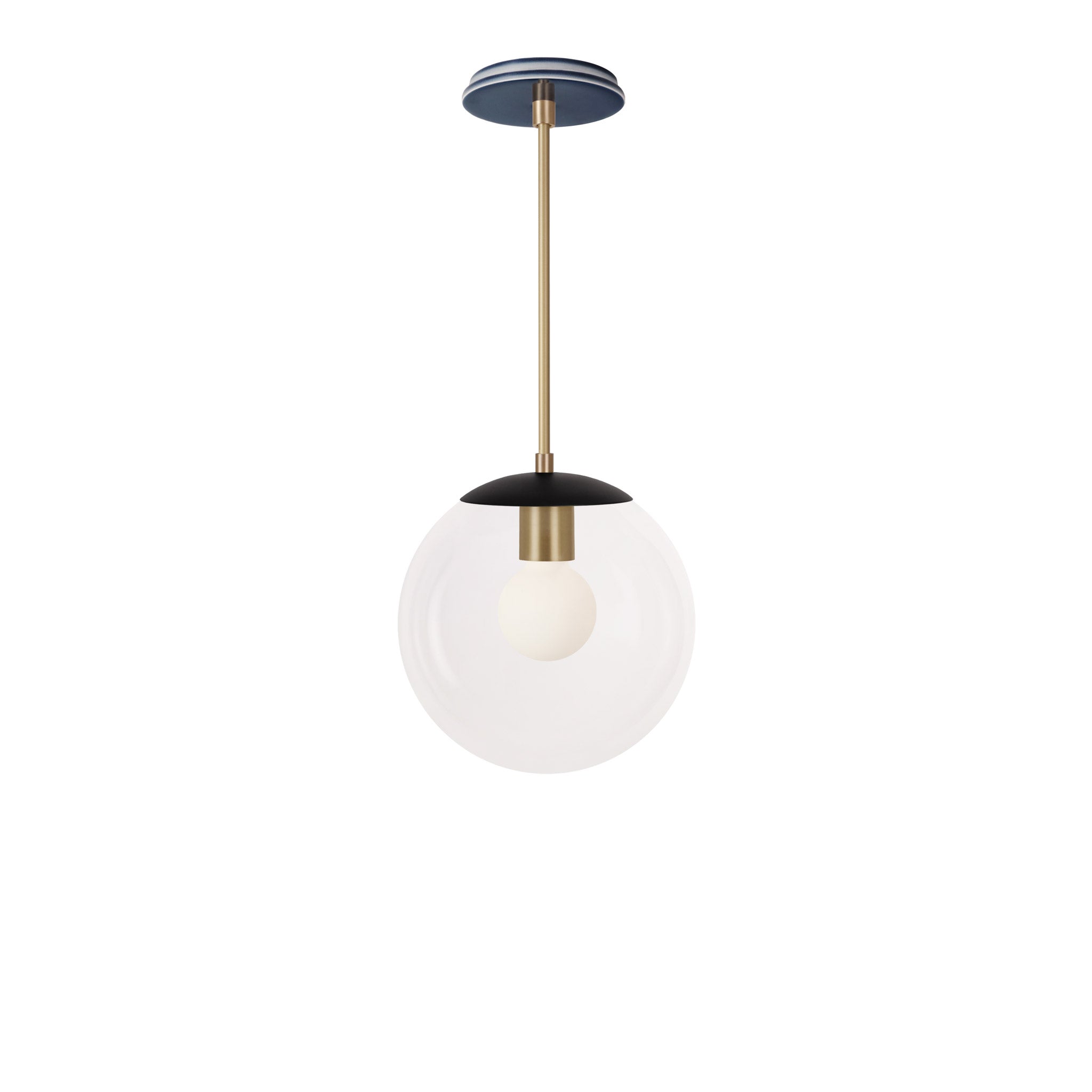 Alto Rod 10” Clear shown in Matte Black with Brass and an Indigo Blue Swift Ceramic Canopy