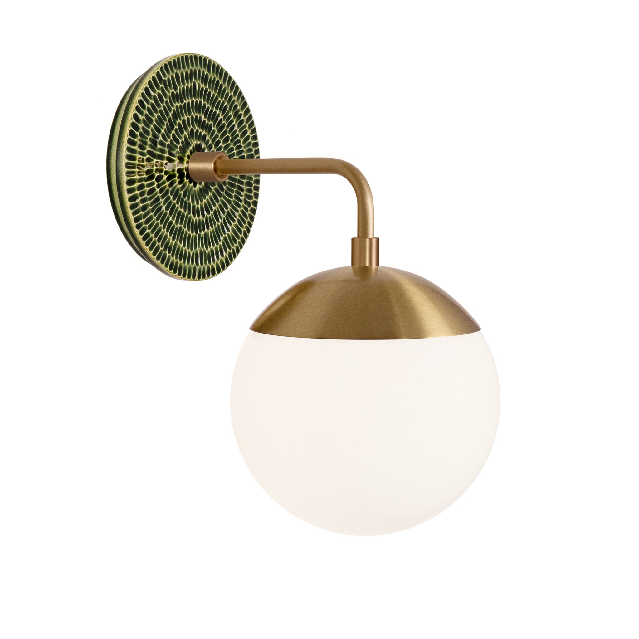 Alto Sconce 6” shown in Heirloom Brass with a Forest Green Sunflower Ceramic Canopy