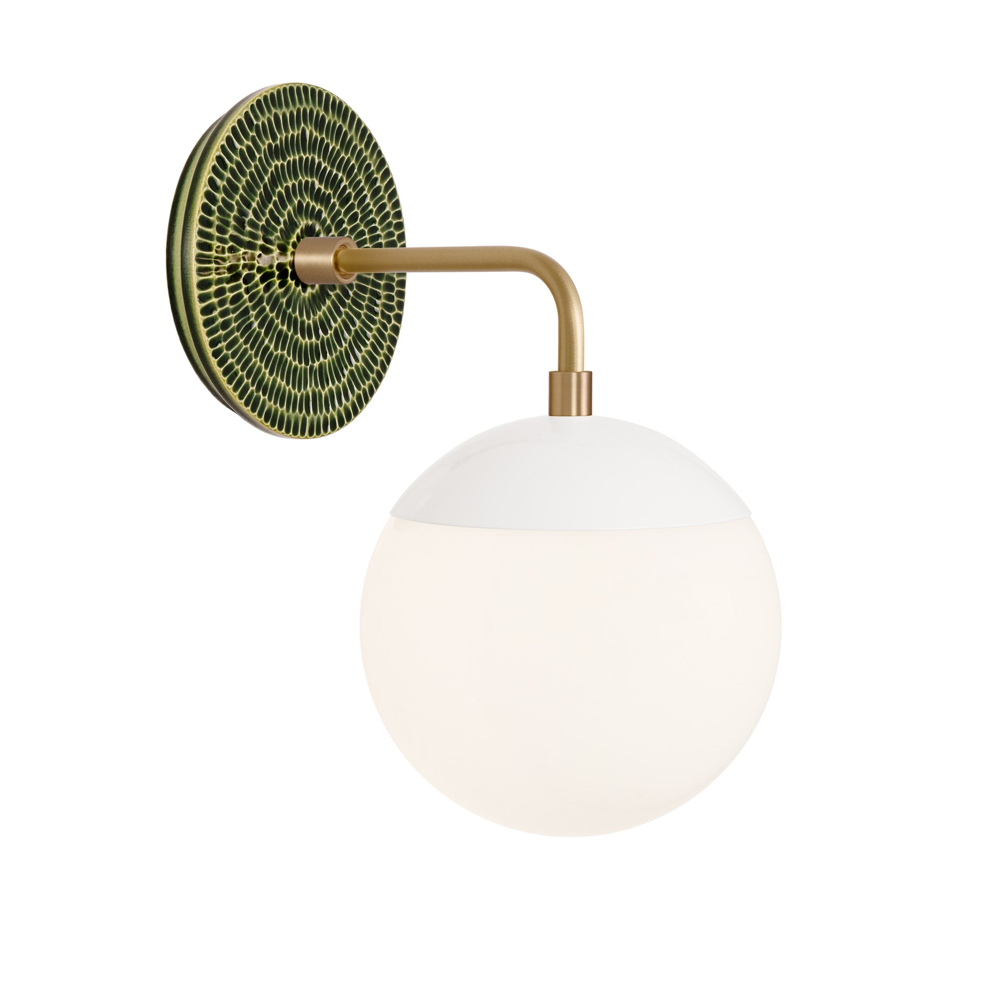 Alto Sconce 6” shown in White with Brass and a Forest Green Sunflower Ceramic Canopy