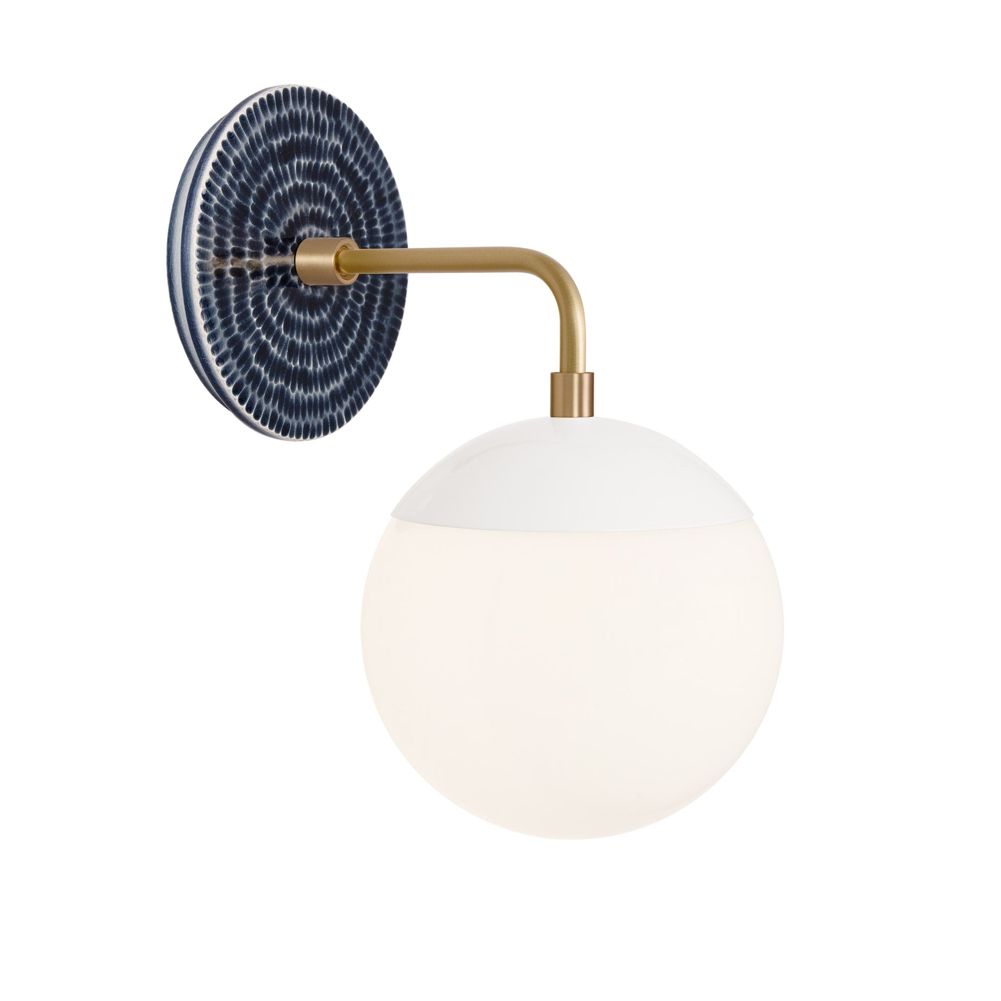 Alto Sconce 6” shown in White with Brass and an Indigo Blue Sunflower Ceramic Canopy