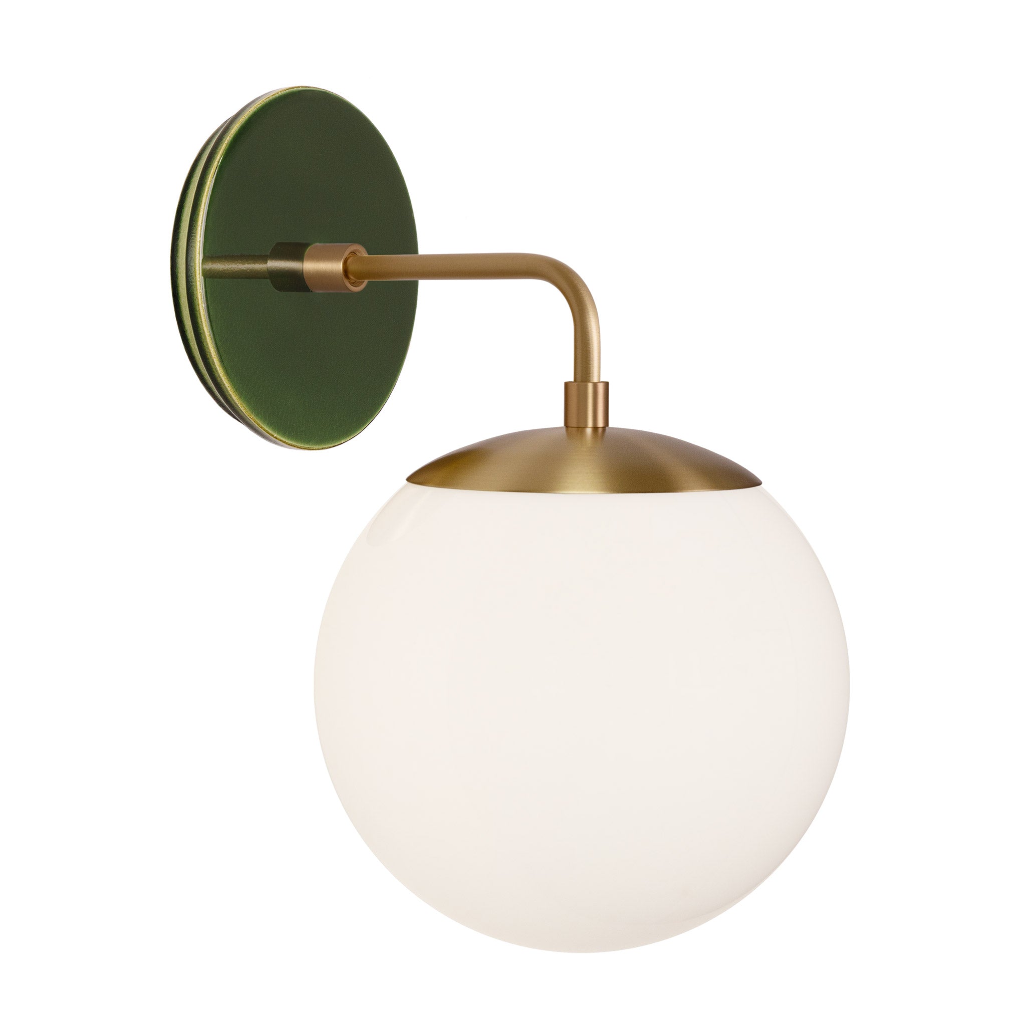 Alto Sconce 8” shown in Heirloom Brass with a Forest Green Swift Ceramic Canopy