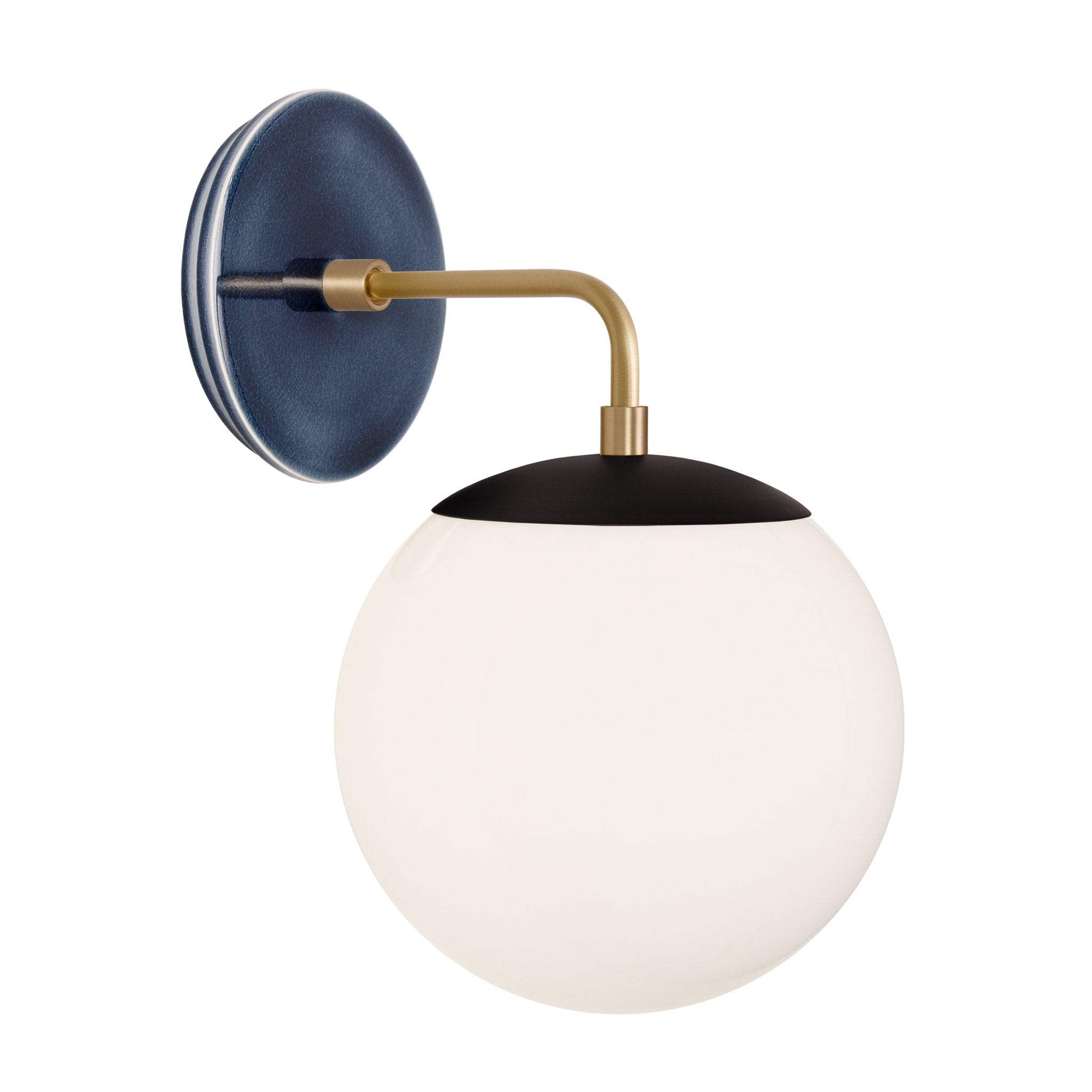 Alto Sconce 8” shown in Matte Black with Brass and an Indigo Blue Swift Ceramic Canopy