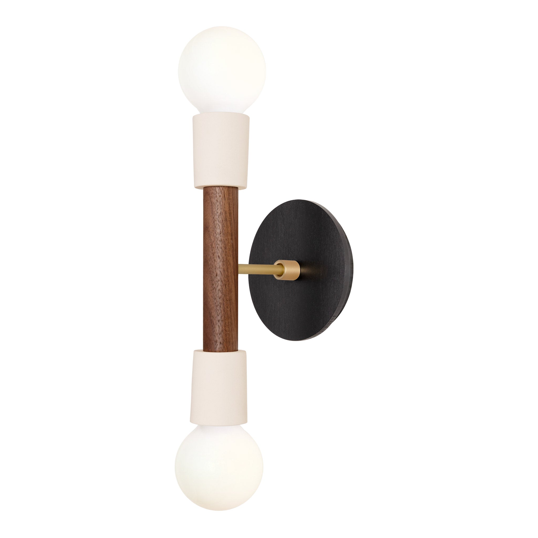 Bailey Sconce shown in Walnut and Brass with a Black Stained Wood Canopy