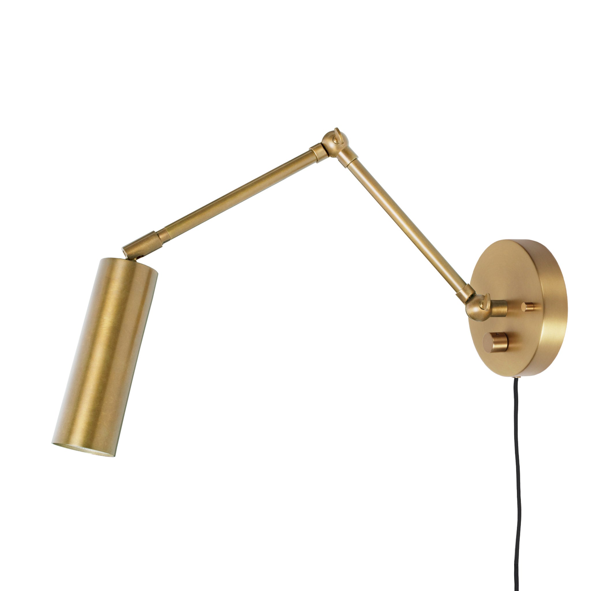Fjord Spot Double Articulated shown in Heirloom Brass with a Backplate Dimmer Switch and Black Cord